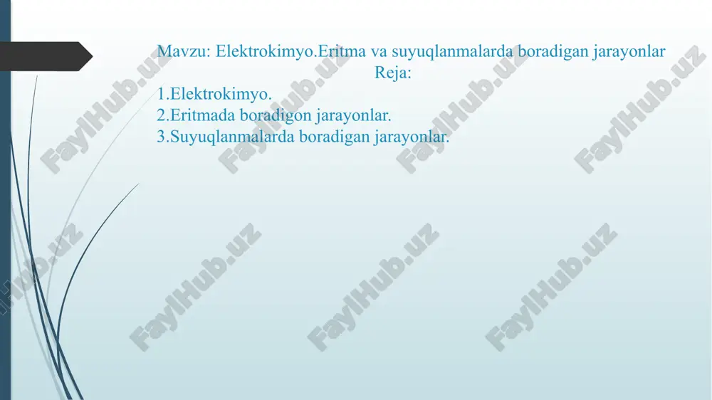 elektronlarni oladigan elektrod. reduktsiya jarayoni sodir bo'ladi. 5. nernst tenglamasi: nernst tenglamasi — elektrokimyoviy jarayonlarda elektrod potensialini hisoblashda qo'llaniladigan matematik ifodadir. bu tenglama yordamida biron-bir yarim hujayraning potensiali, ionlar konsentratsiyasi va haroratga bog'liq bo'lib hisoblanadi. 6. elektrotermal reaksiyalar: bu turdagi reaksiyalar, elektrotermal energiyaning kimyoviy o'zgarishlarni keltirib chiqarishini o'rganadi. misol uchun, tosh-kolajni eritish yoki metallarning eritilishi kabi jarayonlar. 7. korroziya: korroziya — bu metallarni kimyoviy o'zgarishlar orqali buzilish jarayonidir, odatda metallarning oksidlanishi natijasida ro'y beradi. elektrokimyoviy jarayon sifatida, korroziya anoddagi oksidlanish va katoddagi kamayish reaktsiyalarining natijasi hisoblanadi. 8. elektrokimyoviy qurilmalar: elektrokimyo turli qurilmalarni yaratishda qo'llaniladi: batareyalar: kimyoviy energiyani elektr energiyasiga aylantiradi. fuel hujayralari: yo'qolgan kimyoviy energiyani elektr energiyasiga o'zgartiradi. kaplamalar va korroziyaga qarshi himoya: metall yuzalarini elektrokimyoviy jarayonlar yordamida himoya qilish. 9. qayta tiklash (reduktiv reaksiyalar): bu reaksiyalar kimyoviy moddalarning elektronlarni qabul qilishi orqali yuzaga keladi. masalan, ba'zi metallarning qayta tiklanishi (metallarning ionlardan metall shakliga qaytishi) bu jarayonda sodir bo'ladi. 10. …