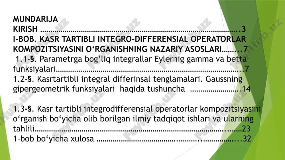 dir. ayniqsa, kasr tartibli differensial operator uchun ekstrimum prinsipi ta’riflangan masalalar yechimini yagonaligini qo‘llashda keng foydalaniladi. kasr tartibli integro-operatorlar kompozitsiyalar uchun yaratilgan formulalar ta’riflangan masalalar yechimini mavjudligini isbotlashda keng qo‘llaniladi. a.m.naxushevning kasr tartibli integrallar va xosilalar ular yordamida siljishli masalalr yeshishga bag’ishlangan ilmiy ishlari e’lon qilinib jadal suratlar bilan rivojlanmoqda. o‘tgan davr mobaynida kasr tartibli integrodifferensial operatorlar ustida masalalrni o‘rganishda juda ko‘p ishlar olib borilgan. bular qatorida m.s.salohiddinov, a.m.naxushev, s.gellerstet m.mirsaburov a.q.o‘rinov va ularning shogirtlari samarali mehnat qilmoqdalar. olingan natijalarining qisqacha bayoni. ushbu dissertatsiyada aralash tipdagi tenglama uchun koshe shartli masala ta’riflangan,masala yechimining yagonaligi va mavjudligi isbotlangan. e’tiboringiz uchun rahmat image1.jpg image2.png image3.png image4.png image5.png image6.png image7.png image8.png image9.png image10.png image11.png image12.png image13.png image14.png image15.png image16.png image17.png image18.png image19.png image20.png image21.png image22.png /docprops/thumbnail.jpeg