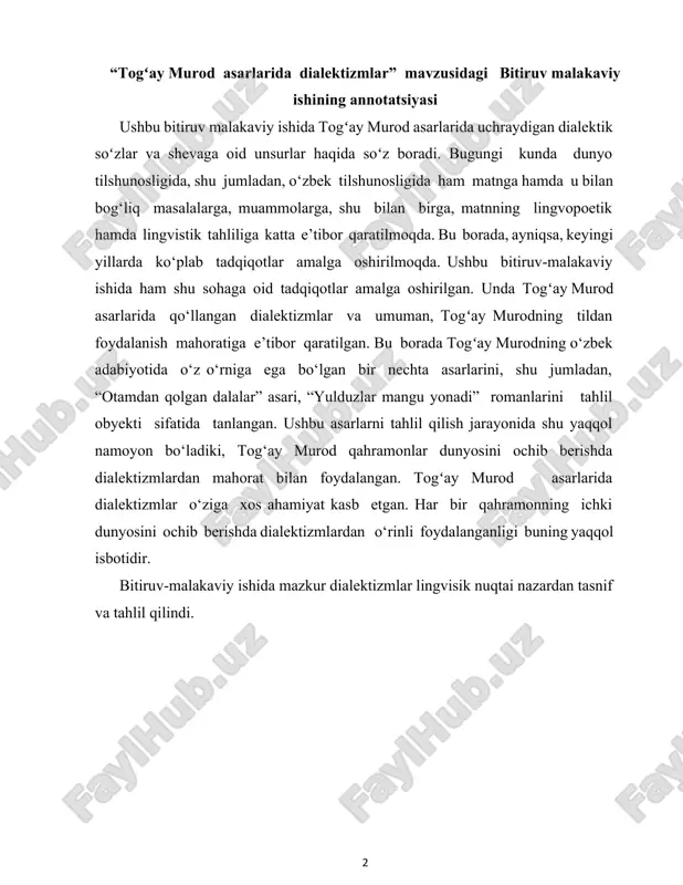 ……………32 iii bob. jonli til unsurlarining poetik tasvirdagi o‘rni 3.1. dialektizmlarning badiiy asarlarda tutgan o‘rni va ahamiyati…………44 3.2. etnografizmlar dialektizmlarga yondosh hodisa sifatida…………………54 xulosa…………………………………………………………………………63 foydalanilgan adabiyotlar ro‘yxati………………………….69 kirish bitiruv malakaviy ishi mavzusining asoslanishi va uning dolzarbligi. mustaqillik yillarida ta’limga va ma’naviyatga yangicha yondashuv va yangicha munosabat bu sohalarning taraqqiyotiga sabab bo‘ldi. ayniqsa, muhtaram prezidentimizning 2020-yil 25-dekabrda bo‘lib o‘tgan yoshlar forumida yoshlarga qarata aytgan so‘zlari bugun o‘zbekistonda ta’limga va bilim olishga e’tibor naqadar katta ahamiyat kasb etayotganining yaqqol dalilidir. “ulug‘ allomalarimiz o‘zlarining olamshumul kashfiyot va ixtirolarini sizning yoshingizda - ayni kuchga to‘lgan navqiron chog‘larida amalga oshirganlar. o‘z tajribamdan kelib chiqib, sizlarga aytadigan maslahatim shu: ilmni qadrlang, ilmga intiling! ilm o‘tda yonmaydigan, suvda cho‘kmaydigan, hech kim sizdan tortib ololmaydigan bebaho boylik ekanini aslo unutmang”. aynan mustaqillikka erishganimiz o‘zbekistonliklarga, o‘zbek adiblari oldiga yangidan-yangi vazifalar qo‘ydi. badiiy ijodda qalam tebratayotgan ijodkorlarning so‘zi millatning ijtimoiy-siyosiy ongini, ma’naviy, axloqiy dunyoqarashini shakllantirishida muhim ahamiyat kasb etadi. ta’kidlash …