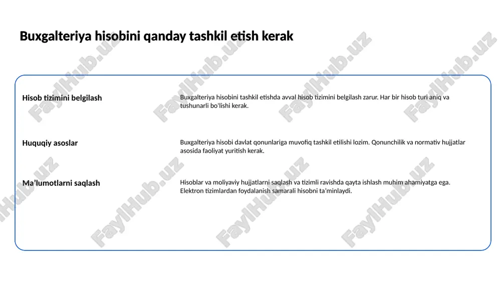 irilishi lozim. xarajatlarni nazorat qilish usullari moliya hisobotlari xarajatlarni nazorat qilish uchun moliya hisobotlari muhim ahamiyatga ega. hisobotlar orqali moliya holatini baholash va qarorlar qabul qilish imkoniyati yuzaga keladi. xarajatlarni nazorat qilish usullari 4 moliyaviy hisobotlarni tayyorlash jarayoni hisobotning maqsadi moliyaviy hisobotlarning asosiy maqsadi ishtirokchilarga kompaniyaning moliyaviy holati haqida aniq ma'lumot taqdim etishdir moliyaviy hisobotlarni tayyorlash jarayoni ma'lumotlar yig'ish hisob-kitob tayyorlash jarayoni uchun kerakli ma'lumotlar to'planadi bu jarayonda barcha moliyaviy operatsiyalar kiritiladi moliyaviy hisobotlarni tayyorlash jarayoni qoidalarga rioya qilish hisobotlarni tayyorlashda yuritilishi kerak bo'lgan standartlar mavjud bu esa ishonchli va to'g'ri ma'lumotlarni taqdim etishga yordam beradi moliyaviy hisobotlarni tayyorlash jarayoni tahlil va baholash moliyaviy hisobotlar tayyorlanganidan so'ng ularni tahlil qilish va baholash jarayoni bo'lib o'tadi bu kompaniyaning kelgusi strategiyasini shakllantirishda muhim rol o'ynaydi. 5 buxgalteriya hisobi va soliq qonunchiligi buxgalteriya hisobi buxgalteriya hisobi moliyaviy ma'lumotlarni yozib olish va tahlil qilish jarayonidir. bu jarayon korxonaning moliyaviy holatini aniqlash uchun muhim ahamiyatga …