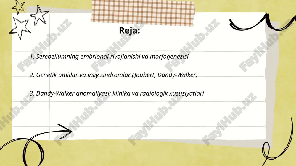 to'rtinchi ventrikulga bog'langan orqa fossa kistasi, orqa fossaning kengayishi, tentorium va torculumning balandlashishi, ventrikulomegaliya; mri eng sezgir; diagnostika tez-tez us va kt bilan birgalikda. yuz berish chastotasi taxminan 1:25 000–1:30 000. ... t.me/ziyokortalababot 4. joubert sindromi: fenotip, genetik asoslari va tashxis joubert sindromi markaziy fenotipga hypotoniya, ataksiya, nazokatli nafas olish buzilishi, okulomotor apraxia va intellektual rivojlanish kechikishi kiradi. mrida molar tooth belgisi serebellar vermis gipoplaziyasi va superior cerebellar pedunkllarining anomaliyasini ko'rsatadi. genetik asosida autosomal resessiv irsiyat va kam uchraydigan dominant turlar mavjud; >35 gen (masalan ahi1, cep290, tmem67) kiliary funktsiyani buzadi. tashxis klinik baholash, mri va genetik panel yoki eksom sekvensiyasi orqali tasdiqlanadi; homiladorlikda usg va fetal mri yordamida aniqlanishi mumkin. ... t.me/slaydai_bot vermis gipoplaziyasi va vermisning agenesisida ko‘zga tashlanadigan muammolar: truncal ataksiya va muvozanat buzilishi, hipotoniya, motorik rivojlanish kechikishi, yurish va nutq qiyinchiliklari, ko‘z harakatlarining anormalligi va nystagmus. ba'zan gidrosefaliya, dandy–walker spektri yoki boshqa konjenital anomaliyalar bilan birga keladi. …