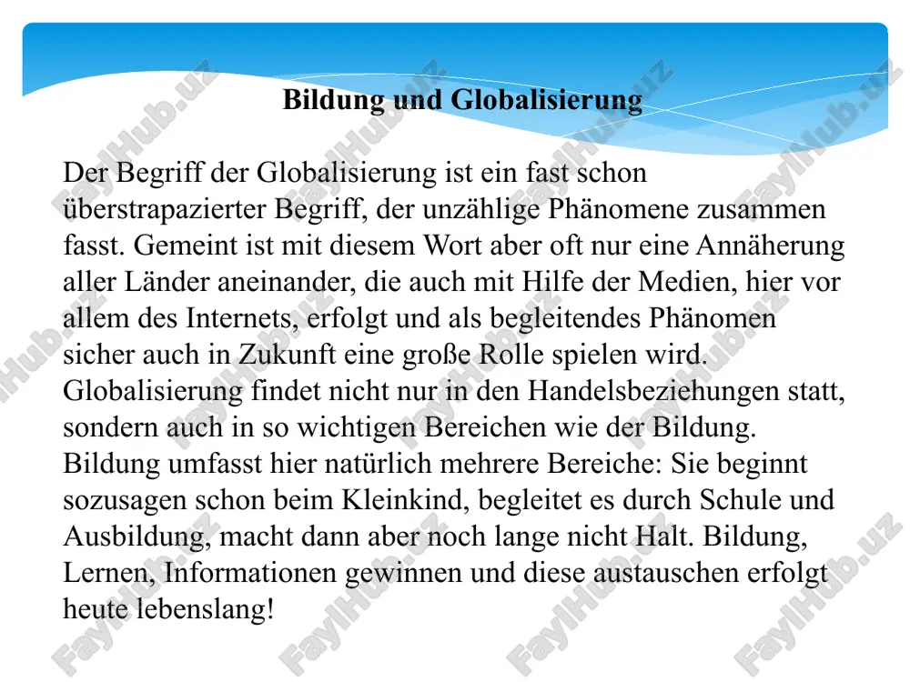 n vorteil der globalisierung, inhalte können damit von jedem ort der welt, und das jederzeit, abgerufen werden. wie diese möglichkeiten noch weiter ausbauen sind, wird sich in zukunft zeigen, aber sie bieten eine große chance auch für (noch) arme länder, anschluss an den rest der welt zu finden. ein klassenzimmer, in dem alle lernenden auf einen monitor ausgerichtet sind, wirkt für europäer, die an interaktion gewöhnt sind, vielleicht etwas profan bzw. unlebendig, aber wenn auf diesem bildschirm wichtige informationen zu sehen sind, die zur bildung einer gruppe beitragen, spricht ganz sicher nichts gegen den einsatz solcher medien. um ein beispiel zu geben: in gebieten, in denen der hiv virus virulent ist, können filme zur aufklärung breiter bevölkerungsschichten eingesetzt werden, die auch von denen „verstanden“ werden, die nicht lesen oder schreiben können. die botschaft kommt dennoch an, da bilder einen großen impakt haben und sich gut im gedächtnis verankern lassen. image2.png …