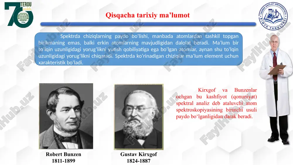 itallarning ishtirokida amalga oshiriladi. modda bilan optik oraliqqa to‘g‘ri keluvchi nurlarning o‘zaro ta’siri natijasida odatda, atomlar ionga aylanmaydi. shu sababli, optik oraliq uchun faqat elektromagnit nurlanish spektroskopiyasi usullari xarakterlidir. ularga atom emissiya (chiqarish), yutilish va lyuminessensiya usullari kiradi. optik emissiya usullarida chiqarilayotgan nurlarning spektrini olish uchun atomlarni oldindan qo‘zg‘algan holatga o‘tkazish kerak. bu maqsadlar uchun qo‘zg‘atish manbalari deb ataluvchi qurilmalar, yuqori temperaturali manbalar (optik usullar uchun), va elektromagnit nurlar xizmat qiladi. atomlarni qo‘zg‘atish, yuqori temperatura ta’sirida bo‘ladigan emissiya optik usullariga, atom-emissiya spektroskopiya usullari deyiladi. bu usullarda moddani atomlarga aylantirish va ularni qo‘zg‘atish uchun bitta qurilma, qo‘zg‘atish manbai ishlatiladi. tanlash qoidalari kvant mexanikasiga ko‘ra, faqat ba’zi sathlar orasida o‘tishlar amalga oshadi, ba’zilari orasida esa o‘tish mumkin emas. o‘tishlar, tanlash qoidasiga bo‘ysinadi. unga ko‘ra, o‘tish bo‘layotgan sathlarga tegishli bosh kvant sonlarning farqi n ixtiyoriy butun songa, azimutal kvant sonlarining farqi l esa l = 1 bo‘lishi mumkin. bu qoidaga ko‘ra, vodorod atomining …