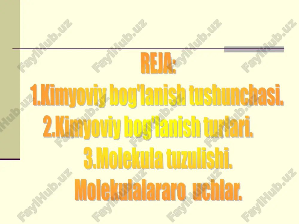 farqlanadi? ion boglanish – bu qarama-qarshi zaryadlangan ionlarning bir-biriga elektrostatik kuchlar vositasida tortilishi natijasida vujudga kelgan boglanishdir. 12 7 • qutbli kovalent va ion bog`lanish bilan vodorod bog`lanish qanday farqlanadi? molekulada vodorod atomi bilan elektromanfiyroq ( f, o, n, cl, s) element atomi orasidagi bog`lanishga vodorod bog`lanish deyiladi. • metall bog`lanish ion bog`lanishda n qanday farqlanadi? metalning kristal panjara tugunlarida musbat zaryadli ionlari joylasggan bo`lib ion shari ichida erkin elektronlar harakat qiladi, valent elektronlar metall ionlarini bir-biri bilan bog`lab turadi. molekulalarning tuzilishi. qutblangan molekulalar (ularning ikkita – musbat va manfiy qutbi bo`ladi). ion molekulalar qarama-qarshi zaryadli ionlardan (kation va anion) tarkib topgan bo`ladi. masalan: naci, kci, mgf2, mgs, caci2 va boshqalar. qutblanmagan molekulalar simmetrik tuzilgan, shu sababli ularda elektr zaryadlari bir-birini kompensatsiyalaydi. molekulalararo yoki van-der-vals kuchlar deyiladi. molekulalar elektroneytral yoki to`yingan bo`lsada,ularning bir-biriga yaqinlashti- rilganda molekulalar orasida tortishish kuchlari vujudga keladi. van-der-vals kuchlari. orientatsion induksion dispersion hulosa. xulosa qilib, bugungi …