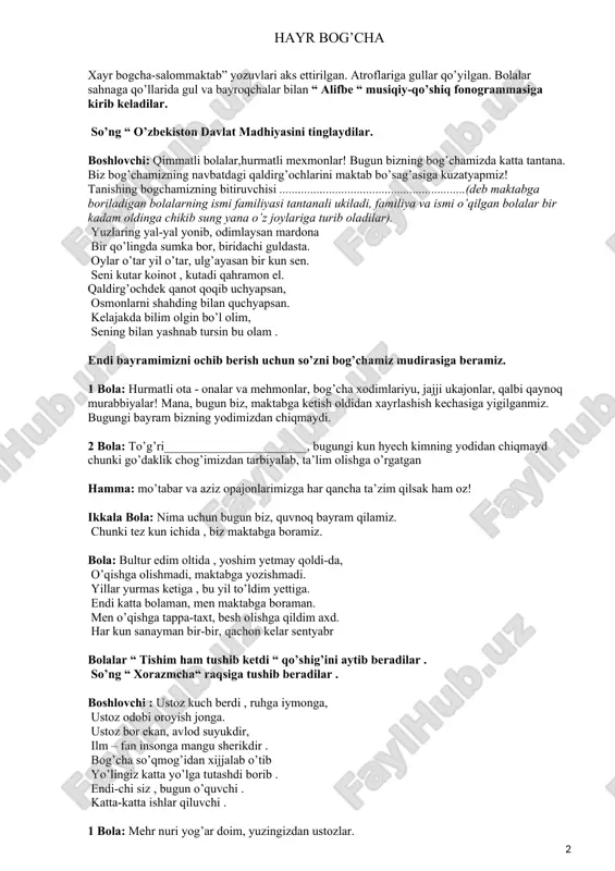 shib ketdi “ qo’shig’ini aytib beradilar . so’ng “ xorazmcha“ raqsiga tushib beradilar . boshlovchi : ustoz kuch berdi , ruhga iymonga, ustoz odobi oroyish jonga. ustoz bor ekan, avlod suyukdir, ilm – fan insonga mangu sherikdir . bog’cha so’qmog’idan xijjalab o’tib yo’lingiz katta yo’lga tutashdi borib . endi-chi siz , bugun o’quvchi . katta-katta ishlar qiluvchi . 1 bola: mehr nuri yog’ar doim, yuzingizdan ustozlar. yursam deyman bu tabbaruk, izingizdan ustozlar. 2 bola: biri gul, biri bulbul, o’g’il qizlar shod bugun. qalbidan gul tutadi, mehribon ustoz uchun. bolalar “ ustozlar “ qo’shig’ini aytib beradilar. so’ng “ shux qizlar“ raqsiga tushib beradilar. boshlovchi: shunaqa vaqt tez o’tibdiki! yaqinda sizlar kichkinagina bola edinglar, endichi qaranglar katta bola bo’lib maktab ostonasiga yo’l olmoqdasizlar. bog’chada sizlar sanashni, o’qishni, kuylashni, she’rlar aytishni, ertaklar so’zlab berishni, asosiysi xarflarni o’rgandilaring. maktabda bo’lsa yanayam ko’p narsalarni o’rganasizlar. lekin maktabga ketishdan oldin men sizlarni bugun sinayman. qani maktabga …
