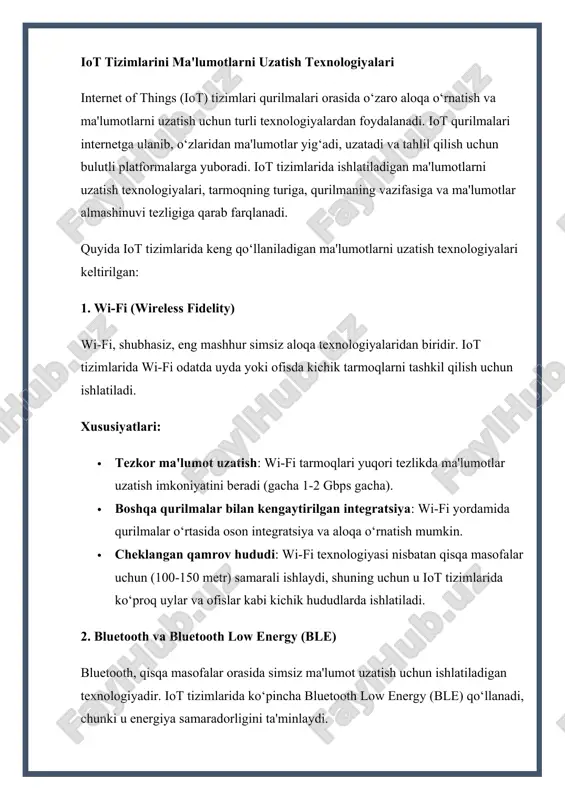 · qisqa masofa: bluetooth tarmoqlari odatda 10-100 metr masofaga ega. · tez aloqa: bluetooth orqali qurilmalar o‘rtasida tez ma'lumot almashinuvi mumkin. · keng qo‘llaniladigan sohalar: iot qurilmalari, masalan, fitness-trackerlar, aqlli soatlar, aqlli uy tizimlari va boshqa qurilmalarda bluetooth va ble texnologiyasi ishlatiladi. 3. zigbee zigbee, past quvvat sarfini ta'minlovchi va qisqa masofalarga mo‘ljallangan simsiz tarmoq protokoli hisoblanadi. zigbee ko‘pincha aqlli uy tizimlari, sanoat monitoring tizimlari, va xavfsizlik tizimlarida qo‘llaniladi. xususiyatlari: · past energiya sarfi: zigbee texnologiyasi juda past quvvat sarfi bilan ishlaydi va uzoq vaqt davomida ishlaydigan batareyalarni talab qiladi. · mesh tarmog‘i: zigbee tarmoqlari mesh (to‘r) topologiyasini qo‘llaydi, bu qurilmalar orasida o‘zaro aloqalar o‘rnatilishiga yordam beradi. bu tarmoqning kengayishiga va qurilmalar o‘rtasida mustahkam aloqalar o‘rnatishga imkon beradi. · qisqa masofa va past tezlik: zigbee tarmoqlari ko‘pincha 10-100 metr masofada va nisbatan past ma'lumot uzatish tezligiga ega. 4. lora (long range) lora (long range) — bu uzoq masofalar uchun mo‘ljallangan …