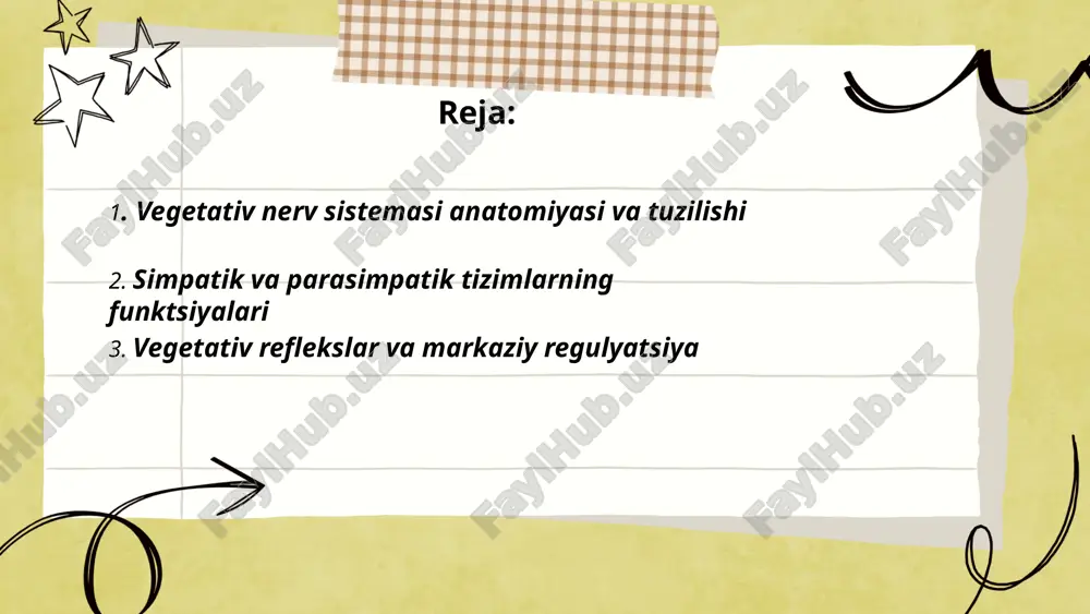 adi. markazlar simpatik va parasimpatik faollikni muvozanatlab, asetilxolin va norepinefrin orqali signallar uzatadi. plastiklik va yuqori kortikal taʼsirlar vegetativ reaksiyalarni modulyatsiya qiladi, disautonomiya klinik ahamiyatga ega. ... t.me/ziyokortalababot 4. barorefleks va qon bosimini tartibga solish barorefleks – qon bosimini tez moslashtirish mexanizmi. karotid sinus va aorta arkidagi baroreseptorlar qon bosimi oshganda parasimpatik faollikni oshirib bradikardiya va periferik rezistentni kamaytiradi; kamayganda esa simpatik faollik oshib tachikardiya, kontraktilik va vazokonstriksiya paydo bo‘ladi. afferent tolalar ix (karotid) va x (aorta) orqali ntsga boradi; nts cvlm va rvlm orqali simpatik-parasimpatik balansni sozlaydi. uzoq muddatda bu tartib buyrak-renin-angiotenzin tizimi bilan ham uyg‘unlashadi. ... t.me/slaydai_bot kemorefleks va respirator nazorat periferik kemoreseptorlar karotid va aortal tanachalarda joylashib gipoksiya, past pao2 ni sezadi. markaziy kemoreseptorlar medulla oblongatada pco2 va h+ o‘zgarishlariga sezgir bo‘lib ventilatsiyani tezlashtiradi. afferent impulslar ix va x nervlar orqali nts ga yetadi. dorsal va ventral respirator guruhlar integratsiya qiladi. hering‑breuer refleksi bronxial strech retseptorlardan vagus …