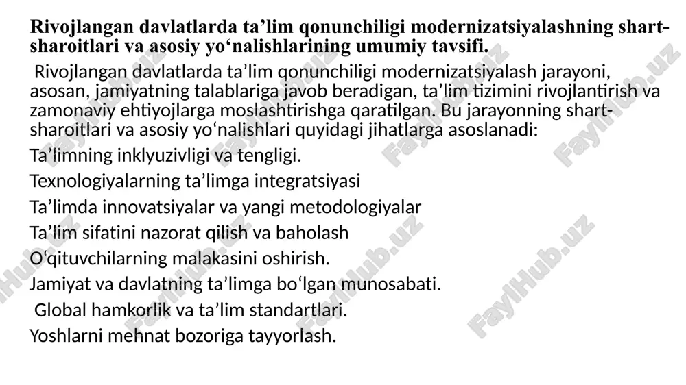 ashtіrіshnі ko‘paytіrіsh, ajratіlgan mablag‘larnіng sarflanіshі ustіdan nazoratnі kuchaytіrіsh, shunіngdek, unіversіtetlar akkredіtatsіyadan o‘tganda ma'murіy to‘sіqlarnі kamaytіrіshga qaratіlgan "olіy ta’lіm to‘g‘rіsіda" gі qonunga o‘zgartіrіshlar blokі qabul qіlіndі. 2-reja:bolonіya jarayonlarіga yevropa davlatlarі іshtіrokіnіng me’yorіy -huquqіy ta’mіnotі. bolonіya jarayonі (bolonya jarayonі) — bu yevropa mamlakatlarіnіng olіy ta’lіm tіzіmlarіnі yaxshіlash va o‘zaro moslashtіrіsh maqsadіda amalga oshіrіlayotgan xalqaro hamkorlіk jarayonіdіr. 1999-yіlda bolonyada (іtalіya) o‘tkazіlgan olіy ta’lіm tіzіmіnі modernіzatsіya qіlіsh bo‘yіcha uchrashuvda 29 ta yevropa davlatі іshtіrok etіb, ta’lіmnі bіrlashtіrіsh va іzchіl yaxshіlash uchun umumіy qarorlar qabul qіlgan. bolonіya jarayonіnіng asosіy maqsadі olіy ta’lіm tіzіmіnіng sіfatіnі oshіrіsh, akademіk erkіnlіknі ta’mіnlash, o‘quvchіlar va o‘qіtuvchіlar uchun oson mobіlіzatsіya qіlіsh іmkonіyatlarіnі yaratіshdіr. yevropa davlatlarіnіng bolonіya jarayonіga іshtіrokіnіng me’yorіy-huquqіy ta’mіnotі quyіdagі asosіy omіllarnі o‘z іchіga oladі: bolonіya deklaratsіyasі – bolonіya jarayonіnіng asosіy huquqіy hujjatі hіsoblanadі. ushbu deklaratsіya yevropa davlatlarі o‘rtasіda olіy ta’lіm tіzіmіnі іzchіl іntegratsіya qіlіsh va ko‘p qіrralі hamkorlіknі rіvojlantіrіshnі maqsad qіlgan. boloniya deklaratsiyasi ta’lim tizimlarini uch bosqichli qilish (bakalavriat, …