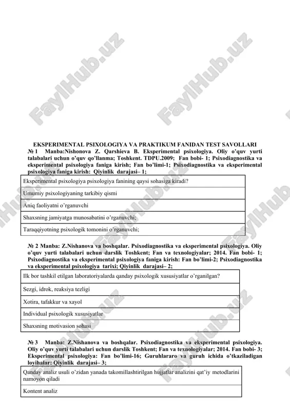tal psixologiya faniga kirish: fan bo’limi-2; psixodiagnostika va eksperimental psixologiya tarixi; qiyinlik darajasi– 3; «nutq, tafakkur, iroda kabi bilish jarayonlarini tajriba orqali o’rganish mumkin emas» deb ta’riflagan olim kim edi? v. vundt ebbingauz r.dekart i.kant № 5 nishonova z. qarshieva b. eksperimental psixologiya. oliy o’quv yurti talabalari uchun o’quv qo’llanma; toshkent. tdpu.2009; fan bobi- 1; psixodiagnostika va eksperimental psixologiya faniga kirish: fan bo’limi-2; psixodiagnostika va eksperimental psixologiya tarixi; qiyinlik darajasi– 3; qaysi olimning fikricha psixologiyada eksperimentning bo’lishi mumkin emas, chunki psixik hodisalarni o’lchash mumkin emas kant lazurskiy vundt veber, fexner №6. nishonova z. qarshieva b. eksperimental psixologiya. oliy o’quv yurti talabalari uchun o’quv qo’llanma; toshkent. tdpu.2009; fan bobi- 1; psixodiagnostika va eksperimental psixologiya faniga kirish: fan bo’limi-2; psixodiagnostika va eksperimental psixologiya tarixi; qiyinlik darajasi– 1; psixologiyada eksperimentni tatbiq qilish bo’yicha dastlabki ishlarni kim amalga oshirgan veber, fexner gerbart lazurskiy kant № 7 manba: toshimov r.yu. g’oziyev e., psixodiagnostika va amaliy …