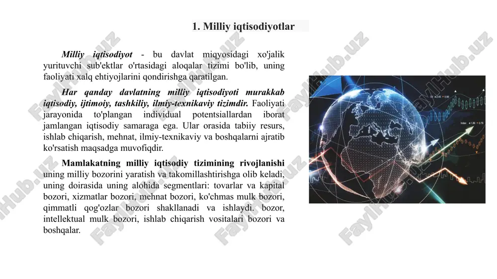 ifodalangan ishlab chiqarish va noishlab chiqarish sohalari. milliy iqtisodiyot ishlab chiqarish sohasi noishlab chiqarish sohasi moddiy ishlab chiqarish nomoddiy ishlab chiqarish xalq xo‘jaligining eng muhim tarkibiy qismi moddiy ishlab chiqarish bo‘lib, unda jamiyat hayoti va rivojlanishi uchun zarur bo‘lgan ishlab chiqarish vositalari va iste’mol tovarlari yaratiladi. moddiy ishlab chiqarishga sanoat, qishloq xoʻjaligi, qurilish, transport, savdo, aloqa, xizmat koʻrsatish kabi tarmoqlar kiradi. iqtisodiyot nazariyasida moddiy soha korxonalari orasida ishlab chiqarish vositalari ishlab chiqaruvchi korxonalar va iste'mol tovarlari ishlab chiqaruvchi korxonalar ajralib turadi. statistik hisobotda ular odatda mos ravishda "a" guruhi (birinchi bo'linma korxonalari) va "b" guruhi (ikkinchi bo'linma korxonalari) sifatida ajratiladi. nomoddiy ishlab chiqarish moddiy ishlab chiqarishdan o'z mahsuloti bilan ajralib turadi, u nomoddiy shaklga ega: ilmiy bilim va axborot; san'at asarlari (filmlar, kitoblar, teatr tomoshalari); aholiga ko‘rsatilayotgan xizmatlar. nomoddiy ishlab chiqarishga fan va ilmiy xizmatlar, madaniyat, ta’lim va sog‘liqni saqlash kiradi. noishlab chiqarish sohasiga mamlakat mudofaa, sud va yuridik organlar, …