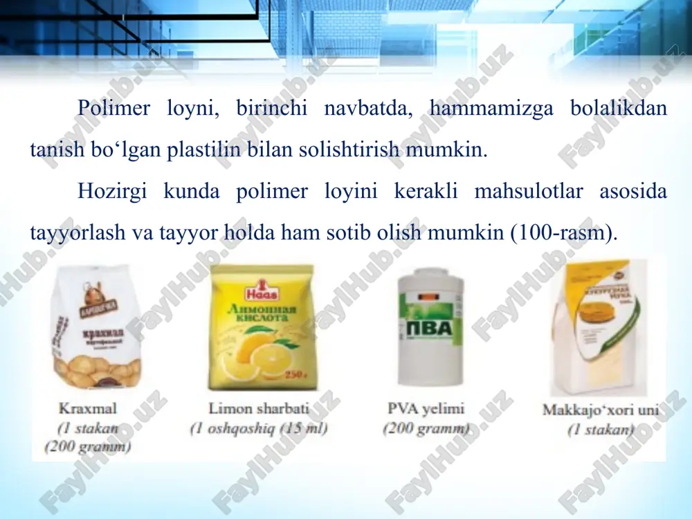 nadi metall chizg‘ich pichoq - 3 polimer loylarini ustma-ust qo‘yib birlashtiriladi va chetlaridan kesib to‘g‘ri to‘rtburchak shakliga keltirilib, kitobcha varaqlari hosil qilinadi metall chizg‘ich pichoq - 4 kitobcha qismlarining faqatgina 3 ta tomoniga kitob varaqlariga o‘xshatib yog‘och cho‘p va metall chizg‘ich yordamida ishlov beriladi metall chizg‘ich - yog‘och cho‘p 5 to‘q sariq rangli polimer loyi kesib olinib yoyiladi. uning ustiga kitobning ishlov berilmagan 4-tomoni qo‘yilib barmoqlar yordamida mahkamlanib bosiladi metall chizg‘ich pichoq - 6 mahkamlangan to‘q sariq rangli polimer loyi ikki chetlari ham yog‘och cho‘p va metall chizg‘ich yordamida kitob varaqlariga o‘xshatib ishlov beriladi metall chizg‘ich - - 7 kitobcha shakli imkoniyatga qarab 100 daraja haroratda 10 daqiqa pechda qizdirilib, tez sovutish uchun sovuq suvga solinadi. bunda polimer o‘zining xususiyatlarini yanada yorqinroq namoyon qiladi. ehtiyotkorlik bilan yaxshilab quruq salfetka yoki matoga artib olinadi - - pech, quruq salfetka, mato 8 yashil rangli polimer loyini metall chizg‘ich yoki pichoq bilan kesib …