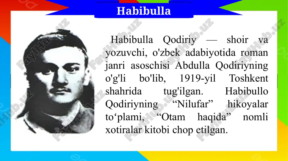 losiped minsa, boshqa bolalarning ko‘ngli o‘ksiydi, qo‘shnilar uyida janjal bo'ladi, ular siz- mendan ranjiydilar. u kishi bizni kino, teatr, sayil-tomoshalarga ham hisobli yuborar va albatta, kimlar bilan ketayotganimizni, ularning qanday shaxsligini aniqlar edilar... men xotira yozayotirman. ehtimol, dadamning bu xil oila tarbiyasi borasidagi aqidalari hozirgi kunimizga xiyol yopishib tushmas. men u vaqtlarda dadamning biz bolalarga nisbatan bunchalik qattiqqo‘l bo'lishlaridan, ehtimol, xafa bo‘lgandirman ham. biroq hozir u kishining xislatlariga faqat rahmat aytaman. hikoya kim haqida va kimning tilidan aytilgan? 1 hikoyada abdulla qodiriy haqida qanday ma'lumotlar yoritilgan? 2 siz hikoya qahramoniga qanday ta'rif bergan bolardingiz? 3 hikoyada qanday g'oya ifodalangan? 4 siz otaning qilgan ishini qanday baholaysiz? nima uchun? 5 hayotiy hikoyadan qanday xulosa chiqarish mumkin? 6 lug’at ishi jild - ilgari vaqtlarda maktab bolalar portfeli o'rnida ishlatiladigan xalta bibi - buvi xiyol - ozgina, biroz aqida - e'tiqod, ishonch maqollarni o‘qing va mazmunini hikoyaga bog’lang. 1. ota g‘ayratli bo‘lsa, 2. …