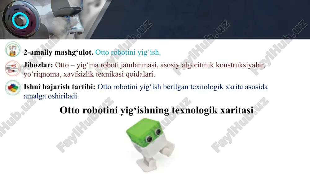 asi uchun drayverni o‘rnatib olasiz. agarda windows sistemangiz 32 razryadli bo‘lsa, dpinst-x86 faylini ishga tushirib, adruno platformasi uchun drayverni o‘rnatib olasiz. this presentation uses a free template provided by fppt.com www.free-power-point-templates.com 3. shundan so‘ng c: yoki d: diskka ko‘chirib olingan arduino – 1.7.10 dasturi setup.exe faylini ishga tushirib, drayverni o‘rnatib olasiz. 4. kompyuteringiz ekranida hosil bo‘lgan arduino dasturi oynasi bo‘yicha ko‘rsatilgan ketma-ketlikda ishlarni bajaring. eslatma. qo‘shimcha ma’lumotlar olish uchun https://www.instructables.com/id/ otto-build-you-own-robot-in-two-hours/ saytidan foydalanishingiz mumkin. this presentation uses a free template provided by fppt.com www.free-power-point-templates.com 1-qadam arduino dasturi oynasi this presentation uses a free template provided by fppt.com www.free-power-point-templates.com 2-qadam arduino dasturi oynasida joylashgan menyular qatoridan instrumenti – port – comni belgilab olasiz. this presentation uses a free template provided by fppt.com www.free-power-point-templates.com 3-qadam arduino dasturi oynasida joylashgan menyular qatoridan instrumenti – plata – arduino nanoni belgilab olasiz. otto roboti qismlarini yig‘ib va dasturlab bo‘lgach, ishlashi tekshirib ko‘riladi va sinovdan o‘tkaziladi. …