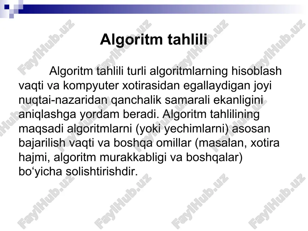 rif: o(g(n)) = {f(n): ∃ c va n0 musbat o‘zgarmaslar mavjudki, barcha n > n0 uchun 0 ≤ f(n) ≤ cg(n) bo‘ladi }. g(n) – f(n) uchun asimptotik aniq yuqori baho bo‘ladi. o(g(n)) yozuvi o‘zgarmas ko‘paytuvchigacha aniqlikda 𝑔(𝑛) funksiyasidan tez o‘smaydigan funksiyalar sinfini bildiradi, shuning uchun baʼzan 𝑓(𝑛) funksiyani 𝑔(𝑛) kattalashtiradi, deyishadi. big-o uchun misollar tahlil turlari algoritmni tahlil qilish uchun bizga asimptotik tahlil uchun asos bo‘ladigan qandaydir qoida - simvolik / belgilashlar / baholash kerak. tahlilning uchta turi mavjud: eng yomon holat (worst case, o) — algoritmning eng uzoq ishlash vaqtini hisoblaydi. o‘rtacha holat (average case, θ) — algoritmning odatdagi bajarilish vaqtini baholaydi. eng yaxshi holat (best case, ω) — eng tez ishlash vaqtini hisoblaydi. tahlil turlari vaqt murakkabligini hisoblash misol. xotira bo‘yicha murakkablikni hisoblash integer – 2 bayt float – 4 bayt double – 8 bayt char – 1 bayt misol * evklid algoritmi evklid algoritmi ikkita sonning …
