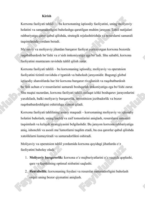 zor qiymatini aniqlash. 3. ishlab chiqarish samaradorligi: ishlab chiqarish jarayonlarining samaradorligi, xarajatlarni nazorat qilish va mahsulot sifatini oshirish imkoniyatlari. 4. raqobatbardoshlik: ichki va tashqi bozor sharoitida korxonaning kuchli va zaif tomonlarini aniqlash. korxona faoliyati tahlili nafaqat moliyaviy hisobotlarni o‘rganishdan iborat emas, balki keng ko‘lamli statistik, iqtisodiy va strategik usullarni ham o‘z ichiga oladi. shu bilan birga, tahlil natijalari korxonaning kelajakdagi investitsion loyihalarini, resurslarni boshqarish strategiyasini va bozor raqobatidagi o‘rnini belgilashda asosiy vosita hisoblanadi. shuning uchun, bugungi kunda har bir korxona rahbariyati faoliyatni muntazam tahlil qilishni majburiy deb hisoblashadi, chunki bu jarayon korxonaning barqaror rivojlanishi va moliyaviy mustahkamligini ta’minlashda beqiyos ahamiyatga ega. tahlil nafaqat o'tgan davr faoliyatini baholashga, balki kelajakdagi reja va strategiyalarni ishlab chiqishga ham xizmat qiladi. 1. korxona faoliyati tahlilining mohiyati va vazifalari · mohiyati: · korxona resurslarini samarali ishlatish darajasini aniqlash; · moliyaviy barqarorlikni baholash; · raqobatbardoshlikni oshirish va investitsiyalarni jalb qilish imkoniyatini yaratish. · vazifalari: · aktivlar …