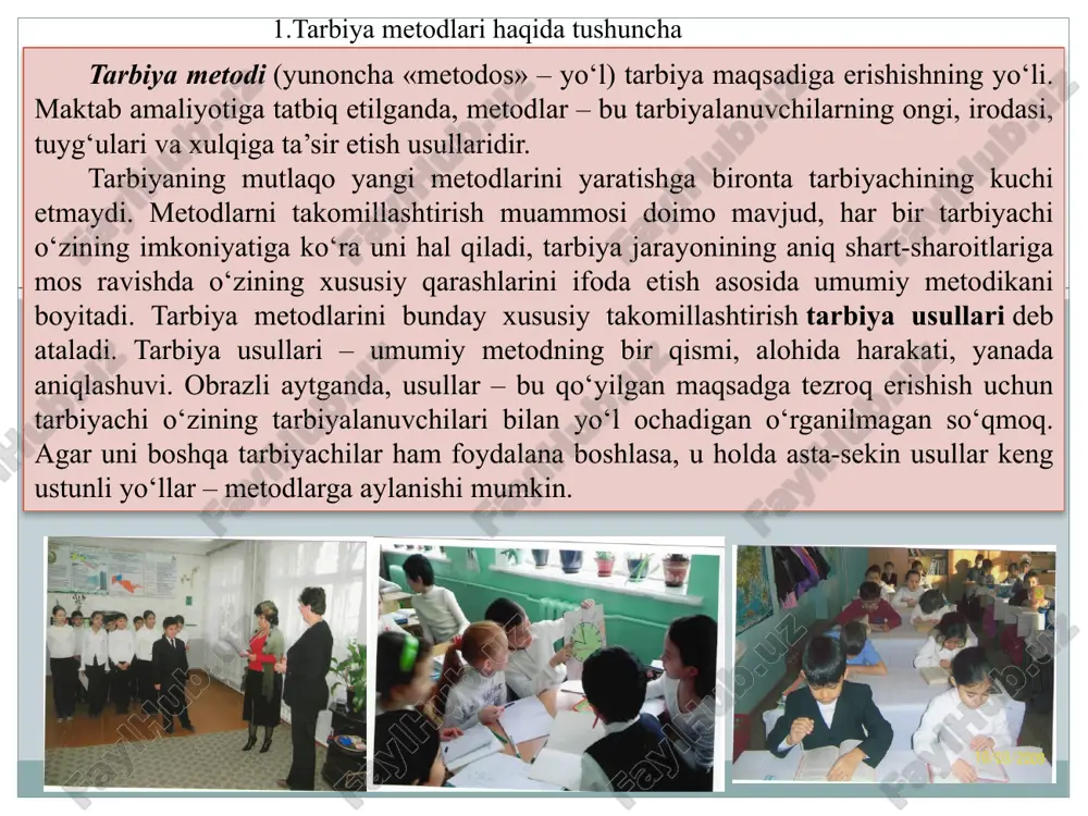 izimi sifatida aniqlanadi. xuddi shuningdek metodning tuzilishida usullar va vosita albatta mavjud bo‘ladi. metodning ijobiy va salbiysi bo‘lmaydi, tarbiya jarayonida ma’lum yo‘lni yuqori darajadagi samarali va samarasiz deya baholash mumkin emas. metodning samaradorligini u qo‘llanilayotgan sharoit nuqtai nazaridan baholash mumkin. tarbiya metodlarini maqsadga muvofiq tanlash bir qator omillarga bog‘liq. 1. tarbiyaning maqsad va vazifalari. maqsad nafaqat metodlarni oqlaydi, balki ularni aniqlab beradi. maqsad qanday bo‘lsa, unga erishish metodlari unga muvofiq bo‘lishi zarur. 2. tarbiya mazmuni. unutmaslik kerakki, aynan bitta vazifa turli xil fikrlar bilan to‘ldirilgan bo‘lishi mumkin. shuning uchun metodlarni umuman mazmun bilan emas, balki aniq fikr bilan bog‘lash g‘oyat muhimdir. 2.tarbiya metodlarining maqsadi va mazmuni 3.tarbiyalanuvchilarning yosh xususiyatlarini hisobga olish. u yoki shunga o‘xshash vazifalar tarbiyalanuvchilarning yoshi bilan bog‘liqlikda hal qilinadi. yosh bu oddiygina qancha yashaganligi son ko‘rsatkichi emas. unda egallangan ijtimoiy tajriba, psixologik va ahloqiy sifatlarning rivojlanganlik darajasi o‘z aksini topadi. aytaylik, mas’uliyat tuyg‘usini boshlang‘ich ta’lim, o‘rta ta’lim …