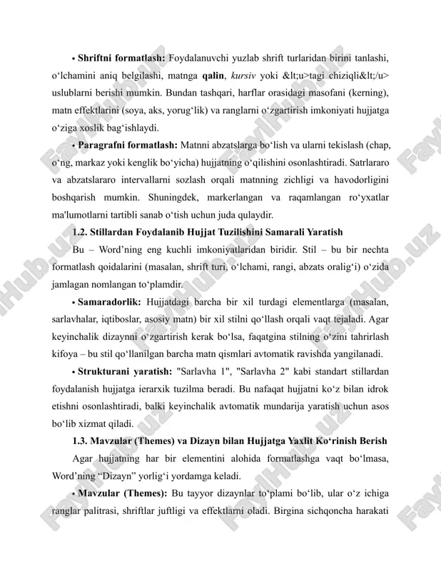 cha) hujjatning o‘qilishini osonlashtiradi. satrlararo va abzatslararo intervallarni sozlash orqali matnning zichligi va havodorligini boshqarish mumkin. shuningdek, markerlangan va raqamlangan ro‘yxatlar ma'lumotlarni tartibli sanab o‘tish uchun juda qulaydir. 1.2. stillardan foydalanib hujjat tuzilishini samarali yaratish bu – word’ning eng kuchli imkoniyatlaridan biridir. stil – bu bir nechta formatlash qoidalarini (masalan, shrift turi, o‘lchami, rangi, abzats oralig‘i) o‘zida jamlagan nomlangan to‘plamdir. · samaradorlik: hujjatdagi barcha bir xil turdagi elementlarga (masalan, sarlavhalar, iqtiboslar, asosiy matn) bir xil stilni qo‘llash orqali vaqt tejaladi. agar keyinchalik dizaynni o‘zgartirish kerak bo‘lsa, faqatgina stilning o‘zini tahrirlash kifoya – bu stil qo‘llanilgan barcha matn qismlari avtomatik ravishda yangilanadi. · strukturani yaratish: "sarlavha 1", "sarlavha 2" kabi standart stillardan foydalanish hujjatga ierarxik tuzilma beradi. bu nafaqat hujjatni ko‘z bilan idrok etishni osonlashtiradi, balki keyinchalik avtomatik mundarija yaratish uchun asos bo‘lib xizmat qiladi. 1.3. mavzular (themes) va dizayn bilan hujjatga yaxlit ko‘rinish berish agar hujjatning har bir elementini alohida …