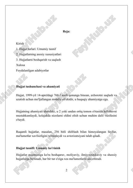 ganlik haqidagi guvohnoma bolaning tug'ilganligi faktini tasdiqlaydi va unda bola haqidagi asosiy ma'lumotlar, jumladan ismi-sharifi va tug'ilgan sanasi ko'rsatiladi. nikoh guvohnomasi ikki shaxs o'rtasidagi nikoh faktini rasmiylashtiradi, unda nikoh qayd etilgan sanasi va joyi hamda er-xotinning ma'lumotlari aks etadi. yuridik hujjatlar: asosiy tushunchalar yuridik hujjatlar huquqiy faktlarni tasdiqlaydi, masalan, 18 yoshga to'lish guvohnomasi yoki mulk huquqini beruvchi shartnoma, davlat tomonidan qabul qilingan. asosiy tushuncha - 'normativ-huquqiy hujjat' bo'lib, u umumiy qoidalarni belgilaydi, masalan, konstitutsiya yoki jinoyat kodeksi, ularning buzilishi oqibatlarga olib keladi. individual hujjatlar, masalan, buyruqlar yoki qarorlar, muayyan shaxslarga yoki vaziyatlarga taalluqli bo'lib, ular 5 yil davomida saqlanishi shart va qonuniy kuchga ega. moliyaviy hujjatlar: hisobot va audit hisobotlar moliyaviy natijalarni yoritadi; balans, daromad hisoboti va pul oqimi toʻgʻrisidagi hisobot kabi muhim hujjatlar aktivlar, majburiyatlar va oʻzgarishlarni koʻrsatadi. audit moliyaviy hisobotlarni mustaqil tekshirish boʻlib, gaap (umum qabul qilingan buxgalteriya prinsiplari) standartlariga muvofiqligini baholaydi hamda aniqlikni ta’minlaydi. moliyaviy hujjatlarda xatolar …