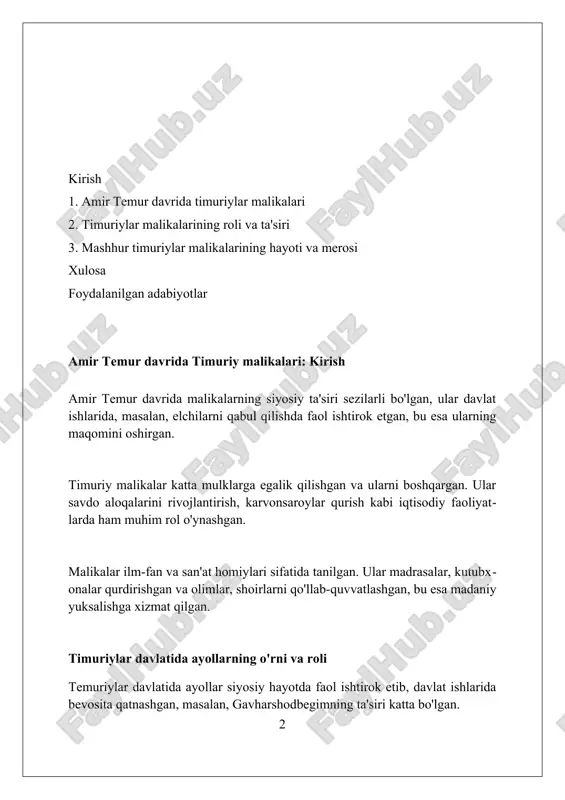 malikalari ilm-fanni rivojlantirishga katta hissa qo'shdilar, xususan, madrasa va kutubxonalarga 14-15-asrlarda ko'plab investitsiyalar kiritdilar. ular san'at, adabiyot va ilmni qo'llab-quvvatlab, madaniy muhitni shakllantirishda muhim rol o'ynadilar, bu esa turli sohalarda 20 dan ortiq asarlarni yaratishga turtki bo'ldi. malikalar, shuningdek, turli xil madaniy loyihalarni moliyalashtirdilar, jumladan, masjidlar, kanallar va bog'lar qurilishini, 30 dan ortiq muhim arxitektura tuzilmalarini homiylik qildilar. saroy hayoti va rasm-rusumlari amir temurning saroyida tantanali qabul marosimlari haftada kamida 3 marta o'tkazilib, unda elchilar va 1000 dan ortiq mehmonlar ishtirok etar edi. saroyda norasmiy uchrashuvlar 'choy suhbatlari' shaklida bo'lib, bunda davlat masalalari muhokama qilinib, 2-3 soat davom etar edi. har bir timuriy malikasi o'z daromadiga ega bo'lib, ularning xarajatlari saroy tomonidan qoplanar va bu miqdor 5000-7000 tanga atrofida bo'lgan. eng mashhur timuriy malikalari (gavharshod begim, xonzoda begim va boshqalar) gavharshod begim, shohruh mirzoning rafiqasi, xv asrda madaniyat va me'morchilik homiysi bo'lib, hirotda gavharshod masjidi kabi yirik inshootlarga homiylik qilgan. …