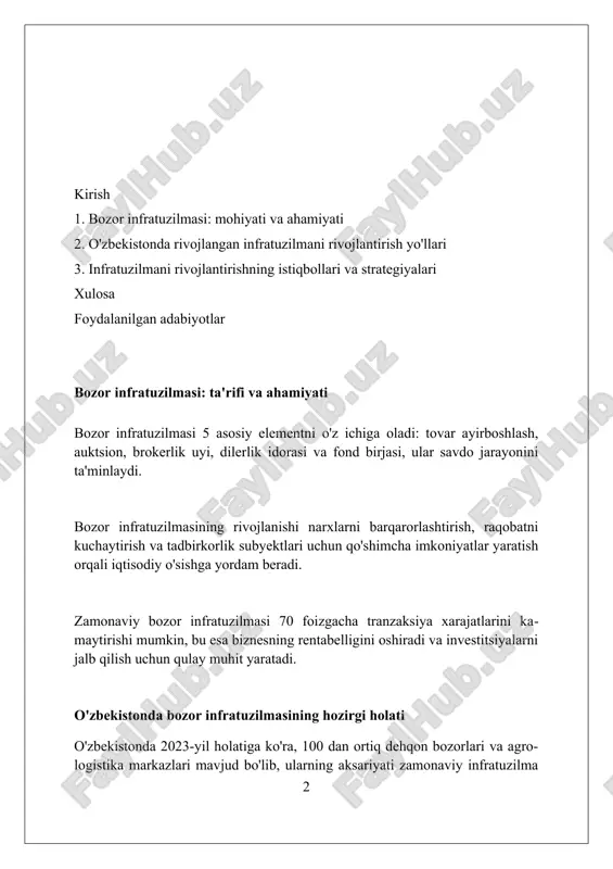 motlar tarqatish bozor samaradorligini oshiradi. uchinchidan, clearing va hisob-kitob tashkilotlari risklarni boshqaradi. markaziy kontragentlar (ccp) va depozitariylar savdo xavfsizligini va operatsiyalarning t+2 siklini ta'minlaydi. o'zbekiston uchun ustuvor yo'nalishlar raqamli iqtisodiyotni rivojlantirish muhim ustuvorlik hisoblanadi, 2030-yilga borib yaimda it sohasining ulushini 2 barobarga oshirish maqsad qilingan, bu esa zamonaviy infratuzilmani talab etadi. qishloq xo'jaligini modernizatsiya qilish - davlatning strategik yo'nalishi. sug'orish texnologiyalari va yangi agrotexnologiyalarni joriy etish orqali hosildorlikni oshirish vazifasi turibdi. energetika sohasini diversifikatsiya qilish dolzarbdir. qayta tiklanuvchi energiya manbalarini (quyosh, shamol) rivojlantirish orqali energiya xavfsizligini mustahkamlash maqsad qilingan, bu esa yangi investitsiyalarni jalb qiladi. moliyaviy infratuzilmani rivojlantirish mikromoliyalashtirish tashkilotlari sonini ko'paytirish orqali 2026-yilga borib, moliyaviy xizmatlardan foydalanish darajasini 75% ga yetkazish muhim. bu qishloq joylarda xizmatlarni kengaytirishni talab qiladi. to'lov infratuzilmasini takomillashtirish, xususan, pos-terminallar sonini 2 barobarga oshirish, elektron tijorat hajmini 30% ga ko'paytirish va naqd pulsiz operatsiyalarni rag'batlantirish lozim. kredit axboroti byurolarini mustahkamlash, kredit reyting agentliklarini rivojlantirish orqali …