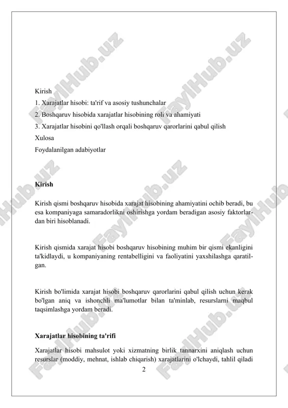 ri kabi vositalardan foydalanib, strategik qarorlar qabul qilishni qo'llab-quvvatlaydi. xarajatlar hisobi va boshqaruv hisobining farqlari xarajatlar hisobi asosan mahsulot tannarxini aniqlashga qaratilgan bo'lib, 120-sonli buxgalteriya standartiga muvofiq moliyaviy hisobot uchun ma'lumot beradi. boshqaruv hisobi esa, 25 foizdan ortiq samaradorlikni oshirish maqsadida menejerlar uchun ichki qarorlar qabul qilishda yordam beradigan ma'lumotlarni taqdim etadi. xarajatlar hisobi tarixiy ma'lumotlarga tayanadi va 80% hollarda o'tgan davr xarajatlarini hisobga oladi, boshqaruv hisobi kelajakni rejalashtirishga ko'proq e'tibor qaratadi. xarajatlar hisobining maqsadlari xarajatlar hisobi mahsulot tannarxini aniqlashga qaratilgan bo'lib, bu narxlash siyosatini belgilashda va rentabellikni baholashda 100% aniqlikka erishishga yordam beradi. xarajatlar hisobi 20 dan ortiq xarajat elementlarini tahlil qilib, byudjetni nazorat qilishni ta'minlaydi va resurslardan oqilona foydalanish orqali 30% gacha xarajatlarni kamaytiradi. xarajatlar hisobi boshqaruv qarorlarini qabul qilishda, masalan, mahsulot ishlab chiqarishni to'xtatish yoki 5 ta muqobil variantni solishtirishda muhim rol o'ynaydi. boshqaruv hisobining maqsadlari boshqaruv hisobi, ichki foydalanuvchilarga, masalan, menejerlarga, qaror qabul qilish uchun zarur …