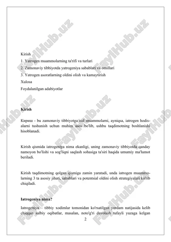 nchiga salbiy ta'sir ko'rsatadigan shifokorlarning so'zlari yoki xatti-harakatlari natijasida yuzaga kelishi mumkin va 20% hollarda aniqlanadi. diagnostika xatolari diagnostika xatolariga misol: miokard infarktining 10-15% hollatida ekgdagi o'zgarishlar tufayli noto'g'ri tashxis qo'yilishi kuzatiladi, bu esa oqibatlarga olib keladi. o'pka emboliyasini aniqlashdagi xatolik 20-30% gacha yetishi mumkin, chunki d-dimer testlari va kt angiografiya sezuvchanligi har doim ham yuqori emas. saraton kasalliklarini kech aniqlash 5 yillik omon qolish darajasini 50% dan kamaytirishi mumkin, ayniqsa erta bosqichda aniqlash imkoniyati bo'lgan kasalliklarda. dori vositalarining nojo'ya ta'siri ko'pgina dori vositalarining nojo'ya ta'siri doza bilan bog'liq bo'lib, yuqori dozalarda xavf ortadi; masalan, nsaidlar oshqozon-ichak qon ketishiga sabab bo'lishi mumkin. antibiotiklar, ayniqsa keng spektrli antibiotiklar, ichak mikrobiotasini buzishi mumkin, natijada *clostridium difficile* bilan bog'liq diareya kabi superinfektsiyalar paydo bo'ladi. ba'zi dori vositalari, masalan, angiotensinni aylantiruvchi ferment inhibitorlari (ace ingibitorlari), bemorlarning 10-15 foizida quruq yo'tal kabi nojo'ya ta'sirlarni keltirib chiqarishi mumkin. jarrohlik asoratlari jarrohlik asoratlari infeksiya, qon ketishi va …