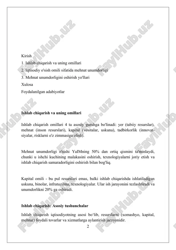 uzoq muddatli aktivlar (mashinalar) sifatida ham tasniflash mumkin, bu buxgalteriya hisobi uchun muhimdir. bu, investitsiya qarorlariga ta'sir etadi. mehnat: inson kapitali va ko'nikmalar mehnat unumdorligi o'sishi, o'zbekistonda yalpi ichki mahsulot (yaim)ning kamida 30% ini ta'minlaydi, bu inson kapitaliga investitsiyalarning muhimligini ko'rsatadi. 2023-yilda o'zbekistonda aholining o'rtacha ta'lim olish muddati 11,5 yilni tashkil etdi, bu raqam mehnat bozorida malakali ishchi kuchining mavjudligini belgilaydi. kasbiy ko'nikmalarni rivojlantirish dasturlari orqali 100 mingdan ortiq fuqaro qamrab olinishi, ularning mehnat bozoridagi raqobatbardoshligini 15% ga oshirdi. kapital: moliyaviy va jismoniy kapital moliyaviy kapital aktivlarni sotib olish uchun mablag‘ bo‘lib, u to‘g‘ridan-to‘g‘ri mahsulot yaratmaydi, jismoniy kapital (masalan, 10 ta dastgoh) esa ishlab chiqarish jarayonida bevosita foydalaniladi. jismoniy kapitalga investitsiyalar (masalan, yangi zavod) iqtisodiy o‘sishga olib keladi, moliyaviy kapital esa (masalan, obligatsiyalar) bu o‘sishni qo‘llab-quvvatlaydi, lekin bevosita yaratmaydi. moliyaviy kapital, masalan, 500 million so‘m kredit olish, jismoniy kapitalni (ishlab chiqarish uskunalari, binolar) moliyalashtirishga yordam beradi, natijada ishlab chiqarish hajmi …