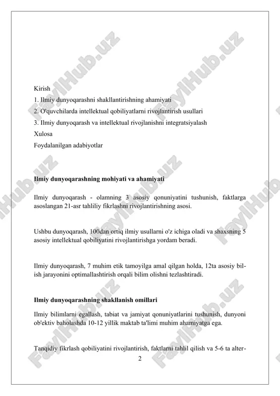 , sintez) asoslangan ilmiy bilimlarni o'zlashtirish va amaliyotda qo'llash muhim ahamiyatga ega. o'quvchilarda ilmiy tafakkurni rivojlantirish metodlari muammoli ta'lim usuli, gipotezalar yaratish va ularni eksperimental tekshirish orqali o'quvchilarda 10-15% analitik fikrlashni shakllantiradi. loyihalash metodida talabalar 70-80% mustaqil izlanishlar olib borib, o'zlarining ilmiy tadqiqotlarini yaratadilar va 2-3 ta yangi konsepsiyani o'zlashtiradilar. kognitiv rivojlantiruvchi mashqlar, masalan, 'aqliy hujum', ijodiy yechimlarni topishga yordam beradi va 5-6 ta intellektual ko'nikmalarni rivojlantiradi. tanqidiy fikrlashni shakllantirish yo'llari savol berish texnikasini qo'llash, ya'ni 'nima uchun?', 'qanday?' kabi savollar orqali 5w1h usulini qo'llab, chuqur tahlil qilish qobiliyatini oshirish mumkin. argumentatsiya va dalillash mashqlarini o'tkazish, turli xil nuqtai nazarlarni 2 xil qarashni tahlil qilib, xolis baholashga o'rgatish orqali tanqidiy fikrlashni rivojlantirish mumkin. muammolarni hal etishda 3 bosqichli yechim topish, masalan, vaziyatni aniqlash, yechimlarni izlash va optimal variantni tanlash orqali tanqidiy fikrlashni kuchaytirish lozim. ijodiy qobiliyatlarni rivojlantirish strategiyalari brainstorming usuli, turli xil yechimlar generatsiyasi uchun qulay, fikrlar sonini oshirish va …