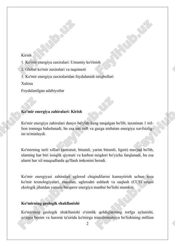 i (btu/lb), oltingugurt miqdori va kul erish harorati kabi parametrlar asosida amalga oshiriladi, bu esa uning sanoatda qo'llanilishini aniqlaydi. dunyo bo'yicha ko'mir zahiralari: umumiy ko'rinish ko'mirning tasdiqlangan global zaxiralari 2022-yil oxirida taxminan 1,16 trillion tonnani tashkil etdi, bu esa mavjud iste'mol darajasida 112 yildan ortiq vaqtga yetarli ekanligini ko'rsatadi. eng katta ko'mir zaxiralari aqshda (taxminan 25%), rossiyada (taxminan 15%) va avstraliyada (taxminan 14%) joylashgan bo'lib, bu uch davlat dunyo ko'mir zaxirasining yarmidan ko'prog'iga egalik qiladi. ko'mirning asosiy turlari - antratsit (eng yuqori uglerod miqdori), bitumli ko'mir, yarim bitumli ko'mir va lignit (eng past uglerod miqdori), ularning har biri turli xil issiqlik qiymatiga ega va turli maqsadlarda ishlatiladi. eng yirik ko'mir zaxiralariga ega mamlakatlar aqsh ko'mir zaxiralari 250 milliard tonnadan oshadi, bu dunyo zaxiralarining 25% ga yaqinini tashkil etadi va ularning energetika xavfsizligida muhim rol o'ynaydi. rossiyada 160 milliard tonnadan ortiq ko'mir zaxiralari mavjud bo'lib, sibir va uzoq sharqda joylashgan bu …