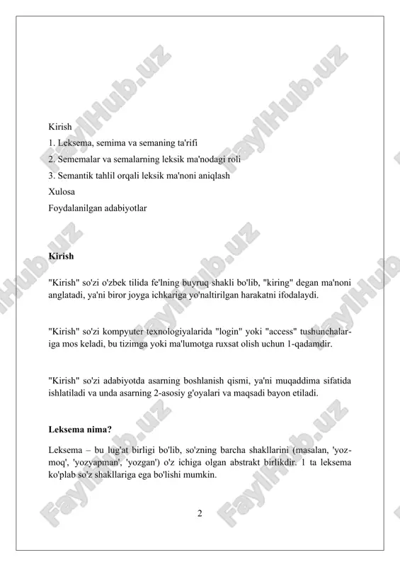 ma'noning minimal, farqlovchi birligi bo'lib, bir so'zni boshqa so'zlardan ajratib turuvchi 1 yoki undan ortiq semantik xususiyatlarni ifodalaydi. semalar, masalan, "ayol", "inson", "voyaga yetgan" kabi, birgalikda leksik ma'noni tashkil etadi va ular semantik komponentlar tahlili orqali aniqlanadi, ya'ni 5-6 semalar bir so'zda bo'lishi mumkin. sema tushunchasi semantik maydonlar va paradigmatik munosabatlarni tushunishda muhim rol o'ynaydi, chunki u so'zlarning 7-8 ta umumiy semalari asosida guruhlanishiga yordam beradi. leksema, semema va sema o'rtasidagi munosabat leksema so‘zning lug‘aviy birligi bo‘lib, “kitob” leksemasi kabi turli sememalarni (masalan, jildli asar, o‘qish materiali) qamrab oladi, har bir semema esa semalar majmuasidan iboratdir. semema leksemaning ma'noviy variantidir; masalan, “yurak” leksemasi uchun “organ” sememasi va “mehr” sememasi mavjud bo‘lib, ularning har biri o‘ziga xos semalardan (ma'no elementlaridan) tashkil topgan. sema, ma'noning eng kichik, ajratib bo'ladigan elementidir. masalan, “ayol” leksemasida “inson”, “jins: ayol”, “voyaga yetgan” semalari mavjud bo‘lib, bu semalar boshqa leksemalardan farqlashga yordam beradi. semaning turlari denotativ ma'no …