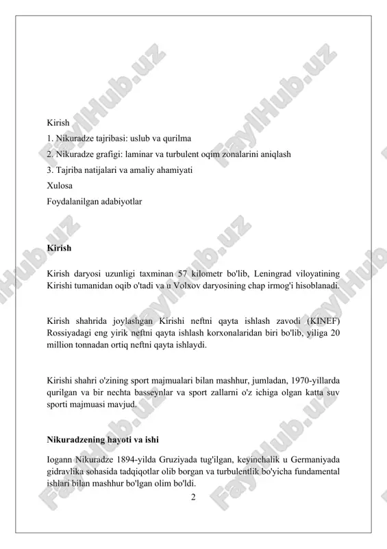 di. tajriba tartibi quvurlarning ichki sirtlarida turli xil nisbiy g'adir-budirlik (k/d) qiymatlarini yaratishdan iborat edi, bu esa laminar, o'tish va turbulent oqim zonalarining o'zgarishini kuzatishga imkon berdi. qum qo'polligining ahamiyati qum qo'polligi reynolds sonining kritik qiymatini o'zgartiradi, bu esa oqimning laminar holatdan turbulent holatga o'tishini tezlashtiradi, ayniqsa yuqori qo'polliklarda. qum qo'polligi devor yaqinidagi turbulentlikni kuchaytiradi, bu esa ishqalanish koeffitsientini oshiradi va quvurlarda bosimning pasayishiga olib keladi, nikuradzening tajribalarida aniq ko'rsatilgan. qo'pollikning o'lchamlari (k/d, nisbiy qo'pollik) oqim xarakteristikalariga ta'sir qiladi; katta k/d qiymatlari turbulentlikni kuchaytiradi, bu esa fanning reynolds soniga bog'liqligini kamaytiradi. o'lchash natijalari va ma'lumotlar nikuradzening tajribalarida, quvurlarning nisbiy g'arovligi (k/d) o'zgarishi bilan fanning ishqalanish omili (f) o'rtasidagi bog'liqlik aniq ko'rsatilgan, bu esa oqimning xarakterini belgilaydi. nikuradze tajribalarida reynolds soni (re) 4000 dan past bo'lganda, oqim laminar bo'ladi va g'arovlik ishqalanish omiliga sezilarli ta'sir ko'rsatmaydi, bu esa oqim rejimini aniqlashga yordam beradi. nikuradze ma'lumotlari ishqalanish omili (f) reynolds soni (re) …