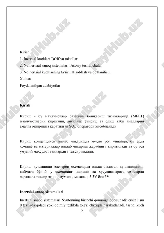 , ularning har biri jism harakatiga ta'sir qiladi. inertsiya kuchlari: ta'rif inertsiya kuchlari - bu haqiqiy kuchlar emas, balki inertsial bo'lmagan sanoq tizimida kuzatuvchiga ta'sir qiladigandek tuyuladigan qo'shimcha kuchlardir, ularning qiymati massa va tezlanishga bog'liq. inertsiya kuchlari nyutonning birinchi qonunini (inersiya qonuni) inertsial bo'lmagan sanoq tizimlarida saqlab qolish uchun kiritiladi, masalan, aylanuvchi sanoq tizimida markazdan qochma va koriolis kuchlari paydo bo'ladi. inertsial bo'lmagan sanoq tizimida harakatlanayotgan jismga ta'sir qiladigan umumiy kuch, haqiqiy kuchlar yig'indisi va inersiya kuchlarining yig'indisiga teng bo'ladi, bu f = m*a tenglamasini to'g'ri ishlatishga imkon beradi. markazdan qochma kuch markazdan qochma kuch inertsial bo'lmagan sanoq sistemasida mavjud bo'lib, aylanma harakat qilayotgan jismga ta'sir qiladi va uning radiusi bo'ylab tashqariga yo'nalgan 𝑚𝑣²/𝑟 kuchdir. yerning aylanishi tufayli vujudga keladigan markazdan qochma kuch, geografik kenglikka bog'liq ravishda, og'irlik kuchining kamayishiga olib keladi va bu eng katta ekvatorda, ya'ni 0 gradusda bo'ladi. agar jism radiusi 5 metr bo'lgan doira bo'ylab 2 …
