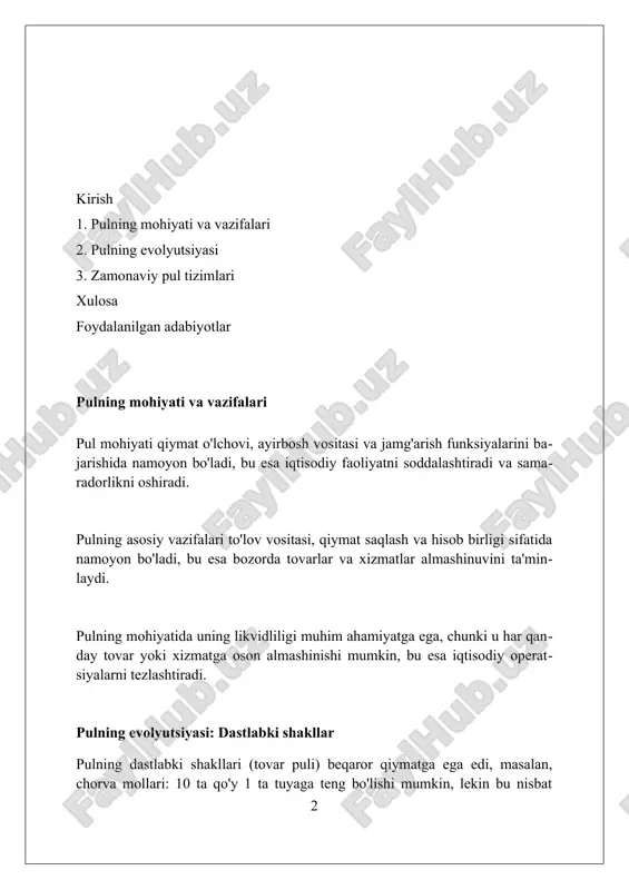 asrda xitoyda paydo bo'lgan, chunki tangalar og'ir edi. "uchar pul" deb nomlangan, ular savdogarlar tomonidan qulaylik uchun ishlatilgan. 11-asrda xitoy hukumati o'zining birinchi qog'oz pullarini rasman chiqardi. bu pullar "jiaozi" deb nomlangan va kumushga almashtirilishi kafolatlangan edi. yevropada qog'oz pullar 17-asrda, banklar omonatchilarga nota (qarz xatlari) berishni boshlaganida paydo bo'ldi. ushbu notalar keyinchalik to'lov vositasi sifatida ishlatilgan. kredit pullari va elektron pullar kredit pullari, masalan, kredit kartalari orqali amalga oshiriladigan to'lovlar, banklarning qarz berish qobiliyatiga asoslanadi va naqd pulsiz operatsiyalarni tezlashtiradi. elektron pullar, bitcoin kabi kriptovalyutalar va mobil to'lov ilovalari orqali tranzaktsiyalarni soddalashtiradi hamda markazlashmagan moliyaviy tizimni yaratishga intiladi. elektron pullar, blokcheyn texnologiyasi orqali ta'minlanishi mumkin, bu esa transaktsiyalarning shaffofligi va xavfsizligini oshiradi, lekin volatillik xavfi mavjud. pulning asosiy vazifalari pul qiymat o'lchovi vazifasini bajaradi, ya'ni barcha tovarlar va xizmatlar narxini ifodalash uchun universal birlik bo'lib xizmat qiladi. masalan, 1 kg go'sht 50,000 so'm turishi mumkin. pul muomala vositasi sifatida …