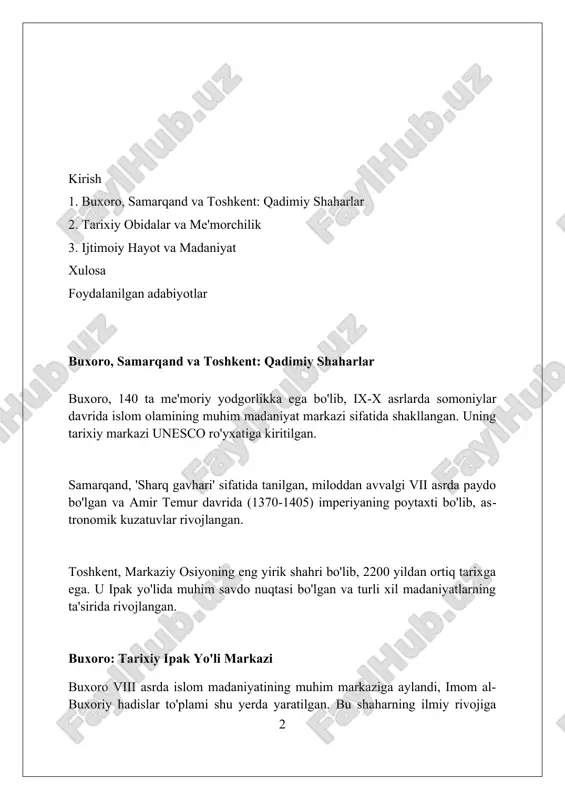 temur samarqandni imperiyasining poytaxti sifatida tanladi va uni 1370 yildan 1405 yilgacha, 35 yil davomida ulkan qurilish loyihalari bilan bezatdi. bibixonim masjidi, amir temurning buyrug'i bilan 1399 yildan 1404 yilgacha qurilgan bo'lib, o'sha davrning eng ulkan va hashamatli diniy inshootlaridan biri edi. go'ri amir maqbarasi, temurning o'limidan so'ng 1405 yilda boshlangan va uning nabirasi ulug'bek tomonidan 1420-yillarda yakunlangan, samarqanddagi muhim arxitektura yodgorligidir. registon maydoni: samarqandning yuragi registon maydoni xv-xvii asrlarda qurilgan uchta madrasadan iborat: ulug‘bek, sherdor va tillakori madrasalari o‘zining monumental arxitekturasi bilan mashhurdir. ulug‘bek madrasasi astronomiya va matematikaga katta e’tibor qaratgan, 1417-1420 yillarda barpo etilgan bo‘lib, unda 100 ga yaqin talaba tahsil olgan. tillakori madrasasi 1646-1660 yillarda qurilgan bo‘lib, uning masjidida oltin bilan bezatilgan mehrob bor, bu esa unga “tilla” nomini bergan, ya'ni “oltin bilan qoplangan” degan ma’noni anglatadi. toshkent: zamonaviy poytaxt va qadimiy meros toshkent 2,2 milliondan ortiq aholiga ega boʻlib, oʻzbekistonning eng yirik shahri va siyosiy, iqtisodiy, …