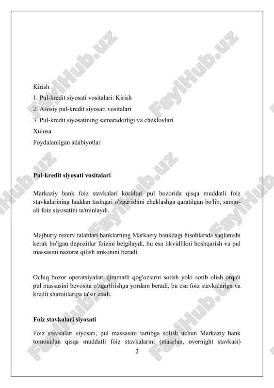 ib, banklarning kredit berish qobiliyatini boshqarishi mumkin, bu esa iqtisodiy faoliyatga bevosita ta'sir qiladi. ochiq bozor operatsiyalari ochiq bozor operatsiyalari (obo) markaziy bankning qisqa muddatli foiz stavkalariga ta'sir o'tkazish uchun davlat qimmatli qog'ozlarini sotish yoki sotib olish amaliyotidir. obo orqali markaziy bank tijorat banklarining zaxira pozitsiyalarini boshqaradi, natijada banklar o'rtasidagi federal fond stavkasi 0,25% ga o'zgarishi mumkin. obo inflatsiyani nazorat qilishda muhim rol o'ynaydi; inflyatsiya yuqori bo'lganda qimmatli qog'ozlar sotiladi, pul massasini qisqartiradi va foiz stavkalarini oshiradi, natijada inflyatsiya 2% maqsadiga erishiladi. diskont siyosati diskont siyosati stavkani o'zgartirish orqali banklar uchun markaziy bankdan qarz olish xarajatlarini nazorat qiladi, bu esa pul massasiga ta'sir etadi va inflyatsiyani boshqarishga yordam beradi. diskont stavkasining pasayishi tijorat banklari uchun qarz olishni arzonlashtiradi, bu esa kreditlashni rag'batlantiradi va iqtisodiy o'sishni tezlashtirishi mumkin, lekin inflyatsiya xavfini oshiradi. markaziy bank diskont stavkasini 50 bazaviy punktga oshirsa, tijorat banklari o'z mijozlariga kredit foiz stavkalarini oshirishi mumkin, bu esa …