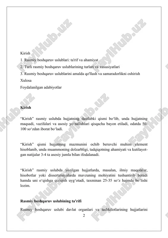 topshirib, ularning javobgarligini oshiradi. avtokratik uslub avtokratik uslubda rahbar yagona qaror qabul qiladi, xodimlarning fikrini hisobga olmaydi. bu uslub 1930-1940 yillarda keng tarqalgan, lekin hozirda uning samaradorligi past deb baholanadi. bu uslubda boshqaruvchi 90% hollarda o'zi buyruq beradi va ijroni nazorat qiladi, xodimlar esa 10% holatda taklif kiritishi mumkin. kamchiliklari: xodimlar tashabbuskorligini susaytiradi. avtokratik uslub favqulodda vaziyatlarda samarali bo'lishi mumkin, bunda tezkor qaror qabul qilish muhim. lekin, uzoq muddatda xodimlarning motivatsiyasi 25% gacha kamayishi mumkin. byurokratik uslub byurokratik uslubda 1930-1980-yillarda keng qoʻllanilgan rasmiy hujjatlar, qat'iy qonun-qoidalar va standartlashtirilgan iboralar orqali ish yuritish asosiy xususiyatlardan biri hisoblanadi. ushbu uslub uchun xos boʻlgan 5-7 ta belgi mavjud: aniqlik, rasmiylik, qat'iylik, tartiblilik va standartlashtirish. vazifalarni bajarishda xodimlarning shaxsiy fikri hisobga olinmaydi. byurokratik uslubda tayyorlangan 10 dan ortiq turdagi hujjatlar mavjud boʻlib, ularga buyruqlar, farmoyishlar, nizomlar, yoʻriqnomalar va shartnomalar kiradi. demokratik uslub "demokratik uslub"da xodimlarga 2 tomonlama aloqa orqali ta'sir o'tkaziladi, rahbarlar esa qaror …