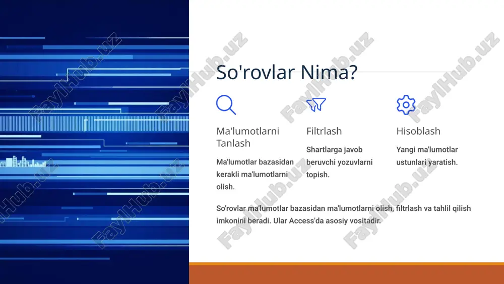 a tushirish saqlangan so'rovni ikki marta bosing. hisobotlar hisobotlar va shakllarda foydalanish. 7 parametrli so'rovlar 1 dinamik filtrlash foydalanuvchi kiritgan qiymatga asoslangan filtrlash. 2 moslashuvchanlik turli stsenariylar uchun bir so'rovni ishlatish. 3 dialog oynasi so'rov ishga tushirilganda qiymat so'raydi. parametrli so'rovlar ma'lumotlarni dinamik filtrlash imkonini beradi. ular foydalanuvchidan kerakli ma'lumotni kiritishni so'raydi. 8 so'rovlarni optimallashtirish so'rovlarning samaradorligini oshirish uchun bir nechta usullar mavjud. bu ma'lumotlar bazasi unumdorligini yaxshilaydi. indekslash tez qidirish uchun maydonlarni indekslash. 2 keraksiz jadvallarni olib tashlash faqat kerakli jadvallarni bog'lash. mezonlarni to'g'ri yozish imkon qadar aniq va samarali mezonlar yozish. 9 xulosa va keyingi qadamlar access so'rovlari ma'lumotlar bazasini boshqarishda ajralmas vositadir. ularni o'rganish juda foydali. asosiy tamoyillar so'rovlar ma'lumotlarni boshqarishning muhim qismidir. amaliy mashg'ulotlar access'da o'zingiz so'rovlar yaratib ko'ring. qo'shimcha resurslar access hujjatlari va onlayn qo'llanmalardan foydalaning. 10 image2.png image3.png image4.png image5.png image6.png image7.png image8.png image9.png image10.png image11.png image12.png image13.png image14.png image15.png image16.png image17.png image18.png image19.png …