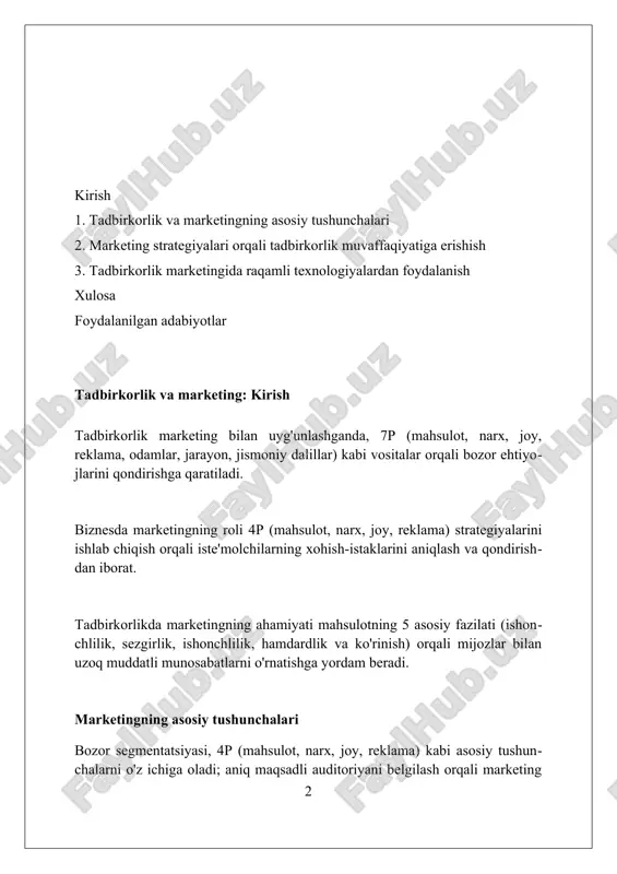 rish. tadbirkorlik marketingi 3.0 da mijozlarning talablarini qondirish va 4.0 da texnologiyalar yordamida maqsadli auditoriyaga yetib borish, shu jumladan sun'iy intellekt (ai)dan foydalanish. bozor tadqiqotlari va tahlil bozor tadqiqotlari kompaniyalarga raqobatbardosh ustunlikka erishish uchun demografik, psixografik va xarid qilish tendentsiyalari kabi 4p marketing elementlarini tahlil qilishda yordam beradi. raqobatchilarning bozor strategiyalari va ularning 5c marketing modeli (company, customers, competitors, collaborators, context) doirasidagi faoliyatini baholash bozor tadqiqotlarining muhim qismidir. bozor tadqiqotlari ma’lumotlarni yig’ish uchun so’rovlar, fokus-guruhlar va kuzatuv kabi usullardan foydalanadi, bu esa bozorni segmentlash va maqsadli auditoriyani aniqlashga imkon beradi. target auditoriyani aniqlash target auditoriyani aniqlash demografik ma'lumotlarni (yosh, jins, daromad) tahlil qilishni o'z ichiga oladi, bu esa xaridorlarning 70% ini tashkil etuvchi asosiy guruhlarni aniqlashga yordam beradi. psixografik segmentatsiya 25-45 yoshdagi auditoriyaning qiziqishlari va turmush tarzi xususiyatlarini o'rganadi, bu esa marketing xabarlarini ularning ehtiyojlariga moslashtirish imkonini beradi. maqsadli auditoriyani aniqlashda 80/20 qoidasi muhim: umumiy savdoning 80%ini ta'minlovchi 20%lik mijozlar …