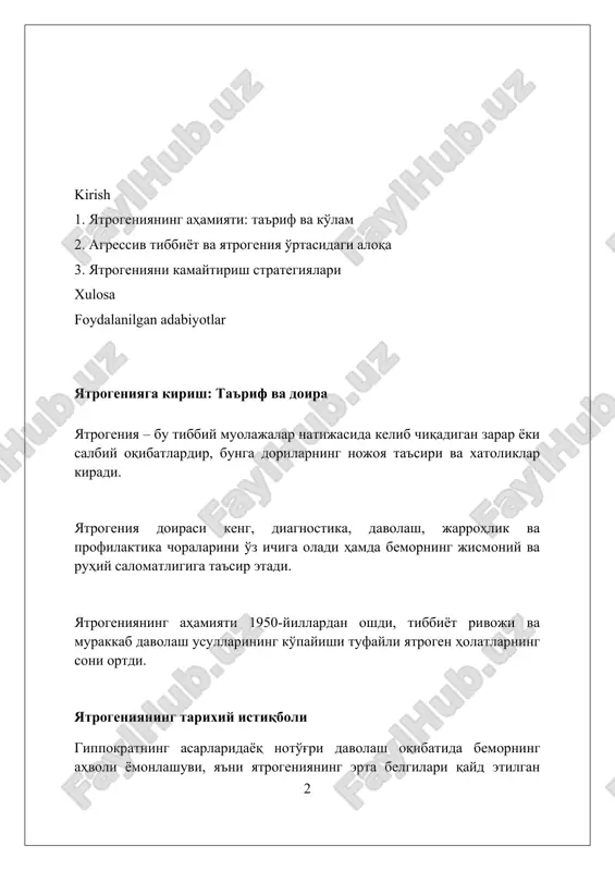 yetishmasligi, masalan, tibbiy xodimlarning kamligi, ortiqcha ish yuklamasi va uskunalarning yo'qligi, xatolarga olib kelishi mumkin. individual omillar xatolikka moyil xususiyatlarni o'z ichiga oladi, jumladan, tibbiy xodimlarining charchoqligi, stress darajasi va bilimlarning yetishmasligi, yomon qaror qabul qilishga olib keladi. iatrogeniya xavfini kamaytirish uchun standartlashtirilgan protokollar va xavfsizlik cheklov varaqalari tizimli sabablarni hal qiladi, shu bilan birga doimiy kasbiy ta'lim individual omillarni hal qilishga yordam beradi. dori vositalari bilan bog'liq yatrogeniya: muammolar va echimlar dorilar bilan bog'liq yatrogeniya 5-20% hollarda kasalxonaga yotqizishga olib kelishi mumkin, bu esa polifarmatsiya va dori vositalari ta'sirini hisobga olmaslik bilan bog'liq. dorilar tufayli yatrogeniyaning oldini olish uchun shifokorlar doimiy ravishda dori vositalarining o'zaro ta'sirini tekshirishlari va individual dozalarni, ayniqsa 65 yoshdan oshgan bemorlarda, sozlashlari kerak. yatrogeniya xavfini kamaytirish uchun bemorlar dori vositalari haqida to'liq ma'lumot olishlari, nojo'ya ta'sirlar haqida xabar berishlari va dori qabul qilish qoidalariga 100% rioya qilishlari kerak. jarrohlik va interventsion protseduralardagi yatrogeniya jarrohlik yatrogeniyasi …