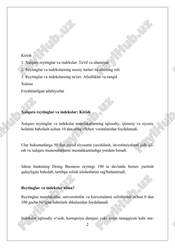odiy reytinglar yaim o'sishi, inflatsiya darajasi va ishsizlik kabi 3 ta asosiy ko'rsatkichni baholash orqali mamlakatning moliyaviy barqarorligini aks ettiradi. siyosiy reytinglar korruptsiya indeksi, siyosiy huquqlar erkinligi va barqarorlik darajasini inobatga olib, davlat boshqaruvining samaradorligini 4 ta asosiy yo'nalishda ko'rsatadi. ijtimoiy reytinglar aholi salomatligi, ta'lim sifati va gender tengligi kabi 5 ta muhim omilga asoslanib, jamiyatning rivojlanish darajasini baholaydi. iqtisodiy reytinglar va indekslar (yaim, global raqobatbardoshlik) yaim mamlakatning iqtisodiy o'sishini o'lchaydi, nominal yaim esa joriy narxlarda hisoblanadi, real yaim esa inflyatsiya ta'sirini hisobga oladi, iqtisodiy tahlil uchun muhimdir. global raqobatbardoshlik indeksi (gci) 140 ta davlatni 12 ta ustun bo'yicha baholaydi, innovatsiyalar, infratuzilma va makroiqtisodiy barqarorlik kabi omillarni o'z ichiga oladi. mamlakat yaim darajasi uning aholi jon boshiga to'g'ri keladigan daromadini ko'rsatadi, bu esa aholining turmush darajasini va iqtisodiy farovonligini baholash imkonini beradi. siyosiy reytinglar va indekslar (demokratiya indeksi, korruptsiya darajasi) demokratiya indeksi 0 dan 10 gacha boʻlgan shkala boʻyicha davlatlarning …
