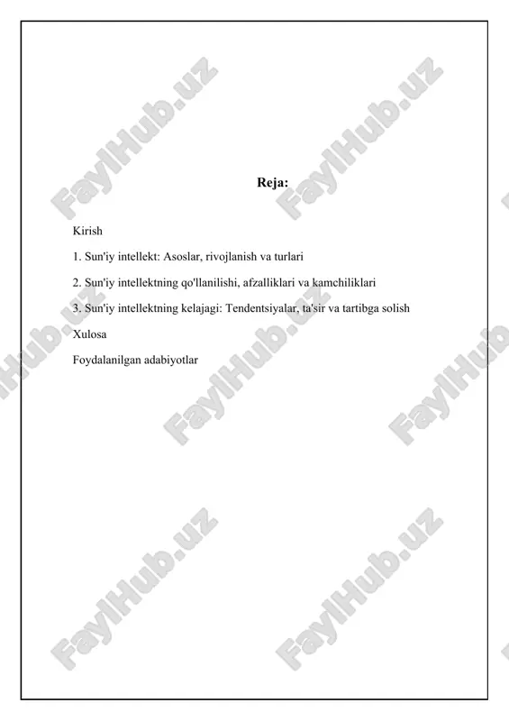 dan o'rganishga, yangi ma'lumotlarga moslashishga va insoniy yordamsiz vazifalarni bajarishga imkon berishga qaratilgan. bu soha kompyuter fanlari, matematika, psixologiya, falsafa va nevrologiya kabi turli xil fanlarni o'z ichiga oladi. si tizimlari odatda algoritmlar va ma'lumotlar to'plamlaridan foydalanib, muayyan vazifalarni avtomatlashtirish yoki ularning bajarilishini yaxshilash uchun yaratiladi. ushbu jarayonlarda tabiiy tilni qayta ishlash (nlp) va kompyuter ko'rish kabi usullar keng qo'llaniladi. si ning asosiy maqsadi - insonning fikrlash jarayonini taqlid qila oladigan aqlli mashinalar yaratishdir. bunga erishish uchun turli xil yondashuvlar qo'llaniladi, jumladan, mashinalarni o'qitish, neyron tarmoqlari va ekspert tizimlari. mashinalarni o'qitish algoritmlari mashinalarga ma'lumotlar yordamida o'rganish va tajriba orttirish imkonini beradi. neyron tarmoqlari esa inson miyasining tuzilishidan ilhomlanib, murakkab ma'lumotlarni qayta ishlash va o'rganish uchun mo'ljallangan. ekspert tizimlari esa muayyan sohalardagi bilimlar bazasiga asoslanib, maslahat berish yoki qaror qabul qilish uchun ishlatiladi. si ning rivojlanishi jamiyatimizning deyarli barcha sohalariga ta'sir ko'rsatmoqda, jumladan, tibbiyot, ta'lim, moliya va transport. 📊 sun'iy intellektning …