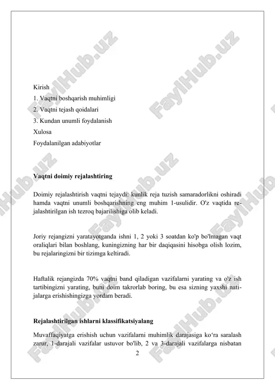 3 muhim omillarni, qolgan vazifalarni esa muayyan ketma-ketlikda bajarishga odatlaning. har bir ishni o'z vaqtida yakunlash yuksak natijalarga zamin yaratadi. “yo'q” degan soʻzni ishlating vaqtni boshqarishda “yoʻq” soʻzini qoʻllash koʻnikmasi – ustuvorlikni aniqlashga yordam beradi. vaqt resursini samarasiz topshiriqlarga sarflamaslik, diqqatni muhim vazifalarga yoʻnaltirish imkonini beradi. “yoʻq” degan soʻzni ishlata olish orqali, odamlarning haddan tashqari koʻp vaqt talab qiluvchi iltimoslariga rad javobini berish osonroq kechadi, ya'ni shaxsiy resurslarni o'z vaqtida to'g'ri taqsimlash mumkin. raqamlarga murojaat qilsak, tadqiqotlarga ko'ra, “yoʻq” degan har bir soʻz kamida 30 daqiqa vaqtni tejaydi, bunda vazifalar va shaxsiy faoliyat yanada tezroq rivojlanishiga turtki bo'ladi. oraliq vaqtdan foydalaning kutish paytidan unumli foydalanish lozim. masalan, ish safari davomida kitob o‘qish, xatlarga javob yozish yoki 10-15 daqiqa vaqt topib, qisqa muddatli vazifalarni bajarish kabi imkoniyatlarni yarating. agar dars vaqti oraligʻida kamida 5-6 soat bo‘sh vaqt bo‘lsa unda konspekt qilishingiz va qo‘shimcha adabiyotlar o‘qishingiz mumkin. lekin bu vaqtda hech narsaga …