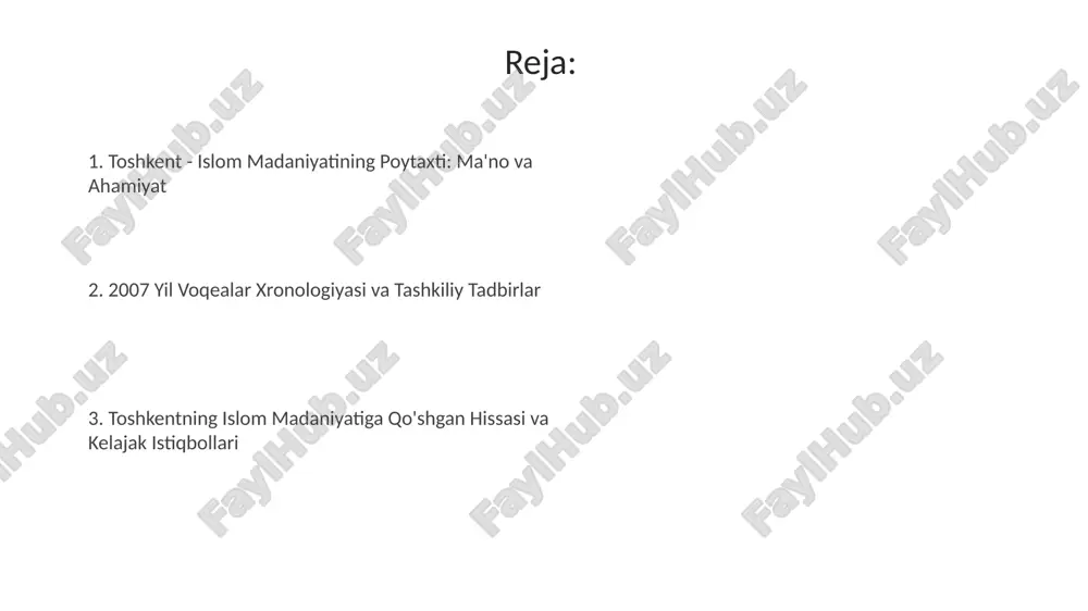 si, jumladan, islomiy meʼmorchilikning 16-asrga oid namunasi boʻlgan hazrati imom majmuasi, gʻalaba garovini taʼminladi. 2007-yildagi tadbirlar: asosiy voqealar va loyihalar 2007-yilda islom madaniyati poytaxti maqomi doirasida "toshkent – tinchlik va totuvlik shahri" shiori ostida 100 dan ortiq tadbir va loyihalar amalga oshirildi. "qur'oni karim"ning nodir nusxalari ko'rgazmasi va "islom yozuvi san'ati" festivali kabi yirik xalqaro madaniy tadbirlar tashkil etildi, ularda 30 dan ortiq mamlakat vakillari ishtirok etdi. 2007-yilda imom al-buxoriy majmuasida keng ko'lamli rekonstruksiya ishlari olib borildi va 9-asr yodgorligini tiklash bo'yicha muhim loyiha amalga oshirildi. islom merosining toshkentda saqlanishi va targʻibi toshkent islom universiteti, 1999-yilda tashkil etilgan, islomiy merosni oʻrganish va targʻib qilish boʻyicha 10 dan ortiq markaz va kafedralarga ega. hazrati imom majmuasi, 16-asrda bunyod etilgan, qur'onning noyob nusxasi – usmon mushafi saqlanadi, bu merosni asrashning muhim namunasi. oʻzbekiston musulmonlari idorasi, 1943-yilda tashkil etilgan, islomiy merosni oʻrganish va ommalashtirish boʻyicha koʻplab nashrlar chop etadi. madaniy boyliklar: masjidlar, madrasalar …