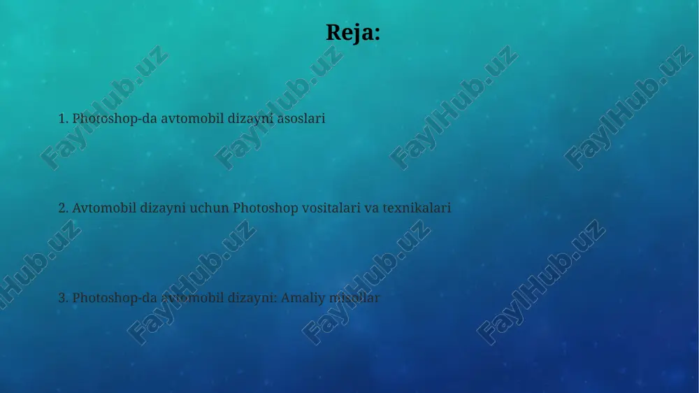 ur' sozlamalaridan foydalaning; ularni 2-3 px radiusda moslashtiring. avtomobil rangini tezda o'zgartirish uchun, 'hue/saturation' adjustment layeridan foydalaning; 'colorize' opsiyasini yoqing va kerakli rangni sozlang, masalan +180 aylantiring. e'tiboringiz uchun rahmat @taqdimot_robot image4.png image2.png