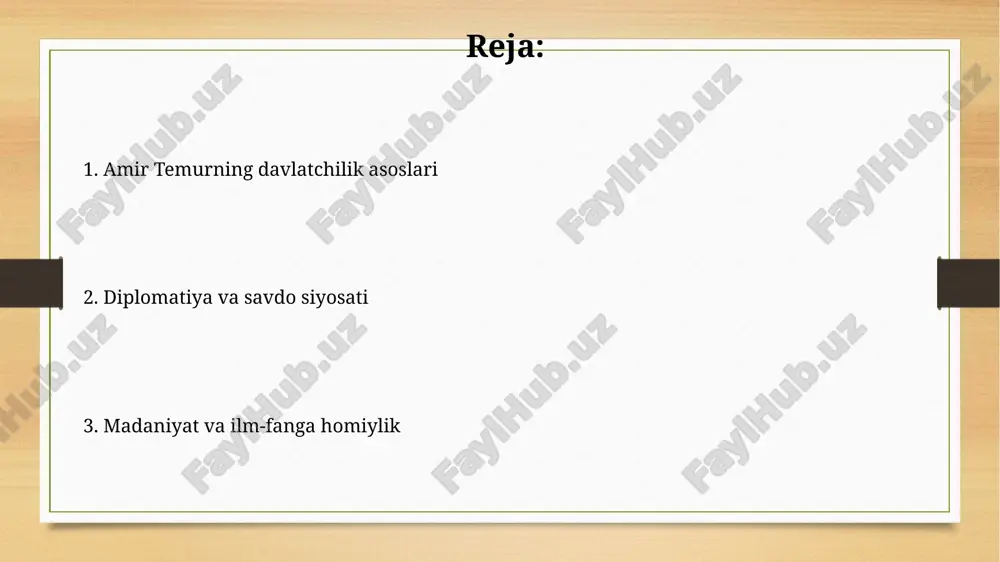 rini tiklashga katta e'tibor qaratdi, bu esa ipak yo'lining qayta faollashuviga 1405-yilgacha sezilarli ta'sir ko'rsatdi. uning elchilari orqali misr mamluklari bilan o'rnatilgan aloqalar, usmonli imperiyasiga qarshi 1402-yilda anqara jangida ittifoqchilikni shakllantirishda muhim ahamiyat kasb etdi. iqtisodiy siyosat va savdoning rivojlanishi amir temur savdo yo'llarini qayta tikladi, ayniqsa ipak yo'lini, bu esa xalqaro savdo aloqalarining sezilarli darajada o'sishiga yordam berdi va bojxona daromadlarini oshirdi. u yagona pul tizimini joriy qildi, kumush tangalar muomalasini tartibga soldi, bu savdo operatsiyalarini soddalashtirdi va iqtisodiy barqarorlikni ta'minladi. madaniyat va ilm-fanning homiysi amir temur madaniyat va fanga katta e'tibor qaratib, samarqandni 14-asr oxirida islom olamining muhim ilmiy markaziga aylantirdi. u olimlar, san'atkorlar va hunarmandlarni qo'llab-quvvatlab, ularga moddiy yordam ko'rsatdi, bu esa madaniy yuksalishga 90% hissa qo'shdi. shaharsozlik va arxitektura yutuqlari amir temur davrida samarqand 14-asrda imperiyaning poytaxti sifatida qayta qurildi, registon maydoni va go'ri amir maqbarasi kabi monumental inshootlar barpo etildi. shahrisabzda oqsaroy qurilishi temurning siyosiy …