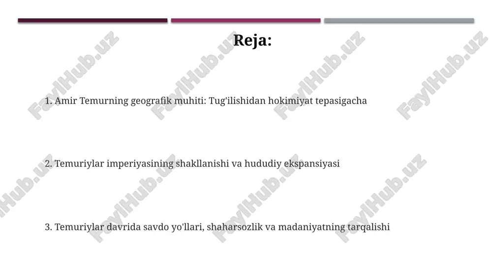 xo'jaligi infratuzilmasini vayron qildi. 1404-1405 yillardagi xitoyga qilingan yurish mo'ljallangan edi, ammo temurning o'limi tufayli bekor qilindi va markaziy osiyo savdo yo'llarining strategik ahamiyati qayta baholandi. e'tiboringiz uchun rahmat @taqdimot_robot image1.png
