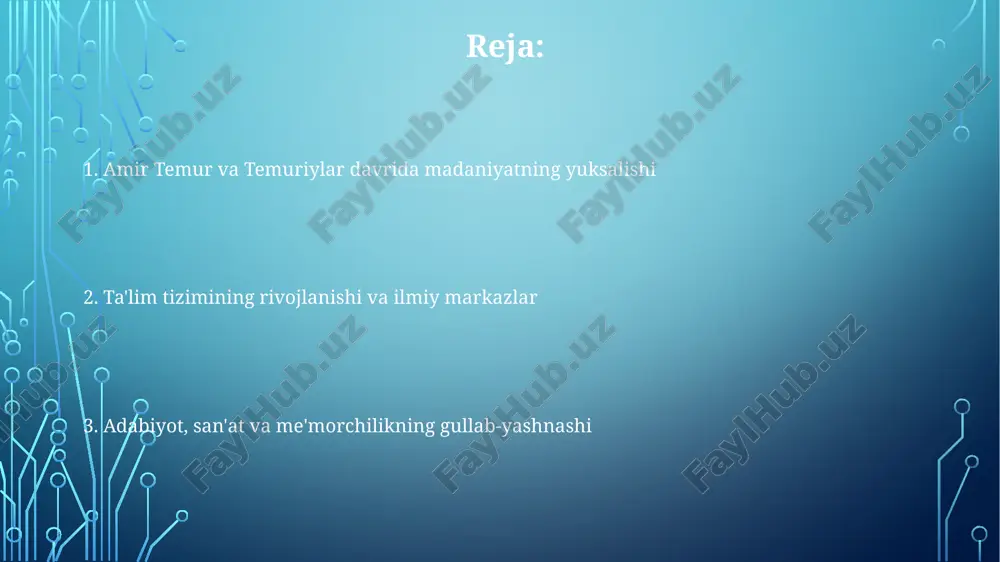 yuksalishning yorqin namunasi edi. husayn boyqaroning homiyligi ostida hirot adabiy markazga aylandi, unda 400 dan ortiq shoir va olimlar faoliyat olib bordi. bu adabiyotning mislsiz ravnaqiga turtki berdi. san'at va me'morchilikning rivojlanishi amir temur davrida samarqand shahri obodonlashtirilib, bibixonim masjidi kabi ulkan inshootlar bunyod etildi, bu esa monumental me'morchilikning yuksak namunasidir. temuriylar san'atida miniatyura rangtasviri keng tarqaldi, unda 14-15-asrlarga oid qo'lyozmalar badiiy bezatilgan bo'lib, nafislik va realizm mujassam edi. amir temur va uning vorislari davrida geometrik naqshlar, islimiy bezaklar va xattotlik san'ati rivojlandi, bu esa me'moriy yodgorliklarga o'ziga xos joziba bag'ishladi. tarixnavislik va geografiya geografiya sohasida, olimlar turli hududlarning xaritalarini tuzdilar va "kitob ul-masolik va-l mamolik" kabi asarlar orqali geografik ma'lumotlarni jamladilar. temuriylar davrida tarixnavislikda nizomiddin shomiyning "zafarnoma"si kabi asarlar yaratildi, unda amir temurning harbiy yurishlari batafsil yoritilgan. ulug'bekning astronomik kuzatuvlari geografiyaga katta hissa qo'shdi, uning "ziji jadidi ko'ragoniy" asari joylashuvlarni aniqlashda muhim bo'ldi. astronomiya va matematika fanlari g‘iyosiddin jamshid …