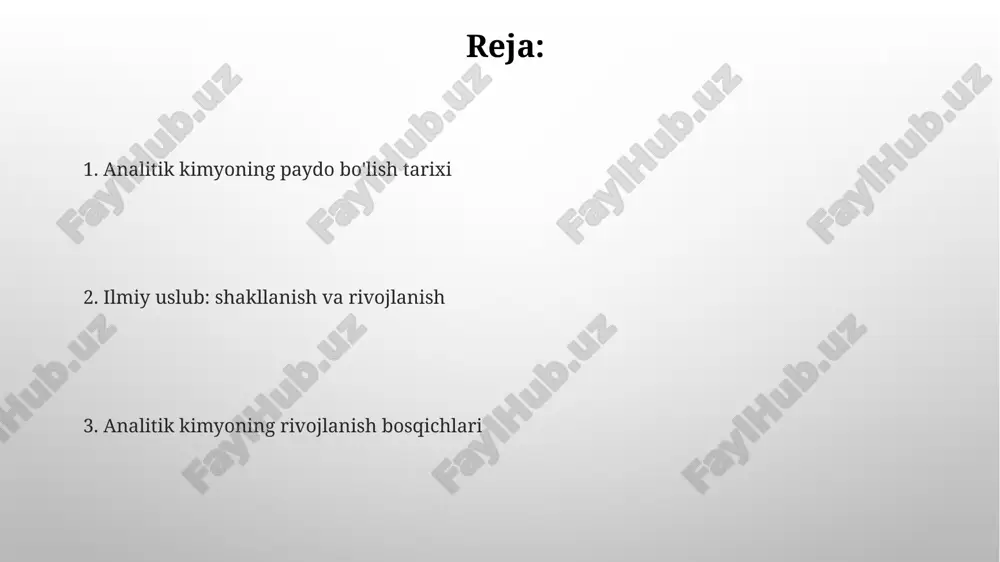 yoviy tahlilni alkimyodan ajratib, elementlar tushunchasini shakllantirdi, bu esa analitik kimyoning rivojiga turtki bo'ldi. xviii asrda lavuazye massa saqlanish qonunini aniqladi, miqdoriy o'lchovlarga asoslangan kimyoviy tahlilning ahamiyatini oshirdi va analitik usullarni takomillashtirdi. xix asr: instrumental usullarning paydo bo'lishi 1800-yilda uilyam gershel infraqizil nurlanishni kashf qildi, bu spektroskopiyaning rivojlanishiga turtki berdi, chunki moddalarning infraqizil yutilishi aniqlana boshlandi. 1859-yilda gustav kirxgof va robert bunzen spektroskopiyani kashf etdilar. har bir element o'ziga xos yorug'lik spektrini chiqarishi aniqlandi va bu yangi tahlil usuliga asos soldi. xx asr: zamonaviy analitik kimyoning yuksalishi xx asrda spektrometriya usullari, masalan, atom absorpsion spektrometriya (aas) va mass-spektrometriya (ms), moddalarni aniqlashda 10^-9 gacha sezgirlikni ta'minladi. 1950-yillarda xromatografiya, ayniqsa gaz xromatografiyasi (gc) va suyuqlik xromatografiyasi (lc), aralashmalarni ajratishda va analiz qilishda inqilob qildi, aniqlik 99.9% ga yetdi. ilmiy metod: asosiy tamoyillar ilmiy metod kuzatuv orqali boshlanadi: faktlar va ma'lumotlarni yig'ish, ularni aniq tavsiflash va taxmin qilishga imkon beradi, keyinchalik tekshiriladi. gipoteza …