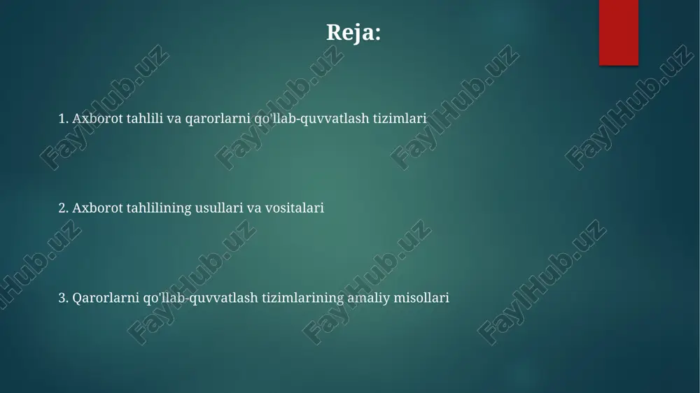 ni optimallashtiradi. sun'iy intellektga asoslangan qarorlarni qo'llab-quvvatlash tizimlari sog'liqni saqlash sohasida, masalan, 95% aniqlik bilan tashxis qo'yish va 30% ga samarali davolash rejalarini ishlab chiqish uchun qo'llanilmoqda. e'tiboringiz uchun rahmat @taqdimot_robot image1.png image2.png image3.png image4.png image5.png