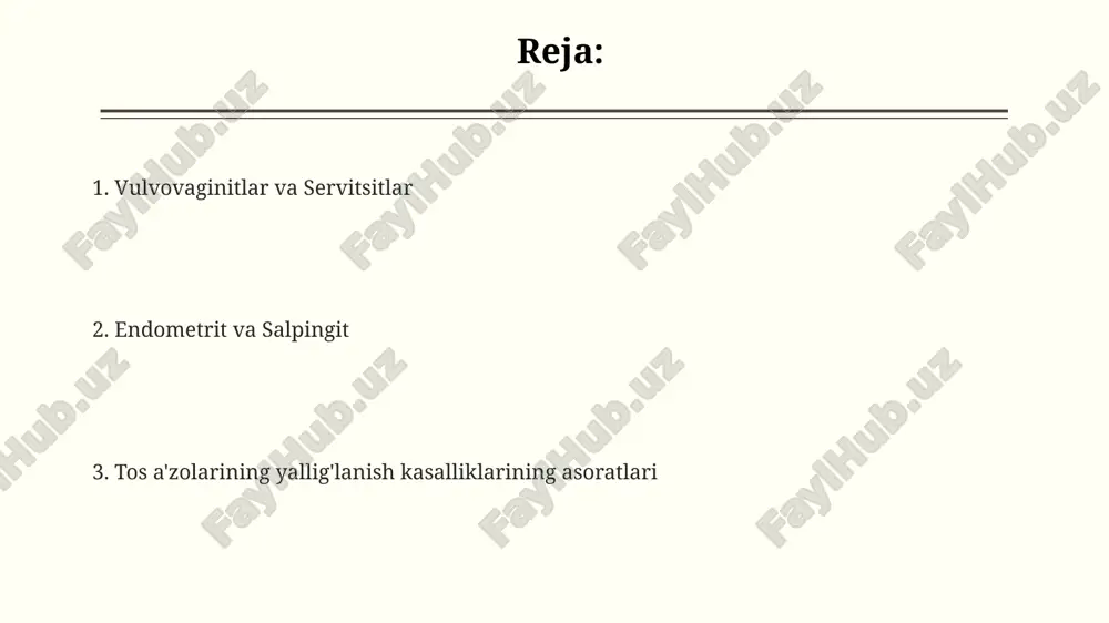 idiya va gonoreya sabab bo'ladi. kasallikning klinik ko'rinishi o'tkir yoki surunkali bo'lishi mumkin. o'tkir salpingit va ooforit qorinning pastki qismida qattiq og'riq, isitma (38-39°c) va vaginal oqindi bilan namoyon bo'ladi. e'tiboringiz uchun rahmat @taqdimot_robot image3.png
